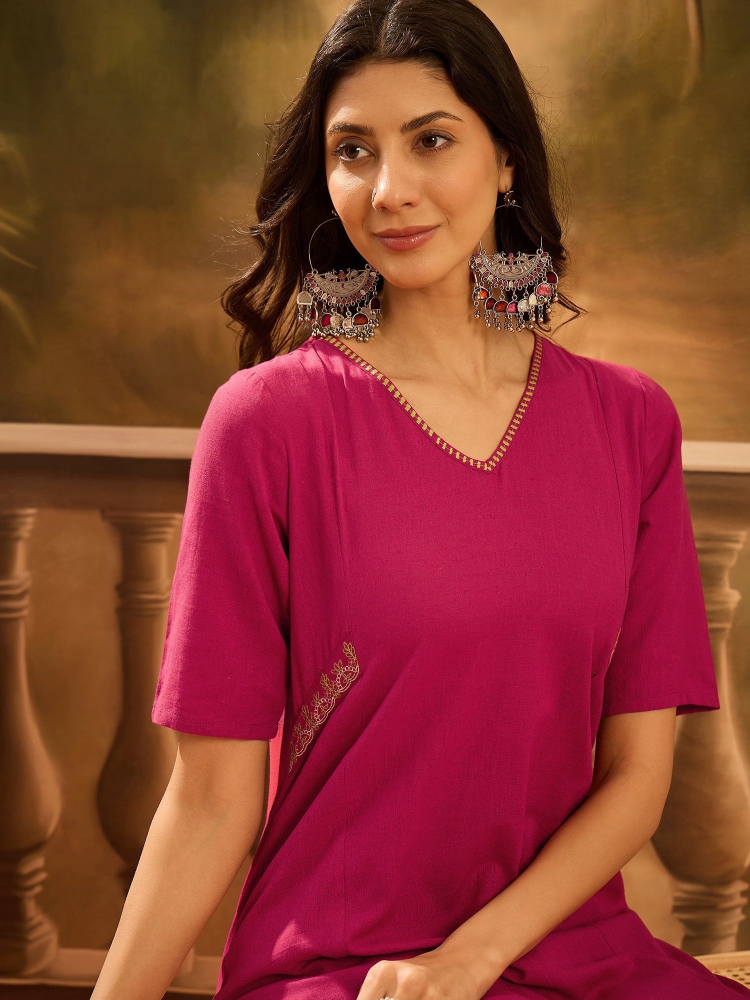 Maroon Pure Cotton V-Neck Kurta Set For Women - SanskrutiHomes 