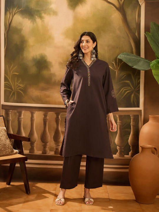 Brown V-Neck Solid Cotton Kurta Set for Women