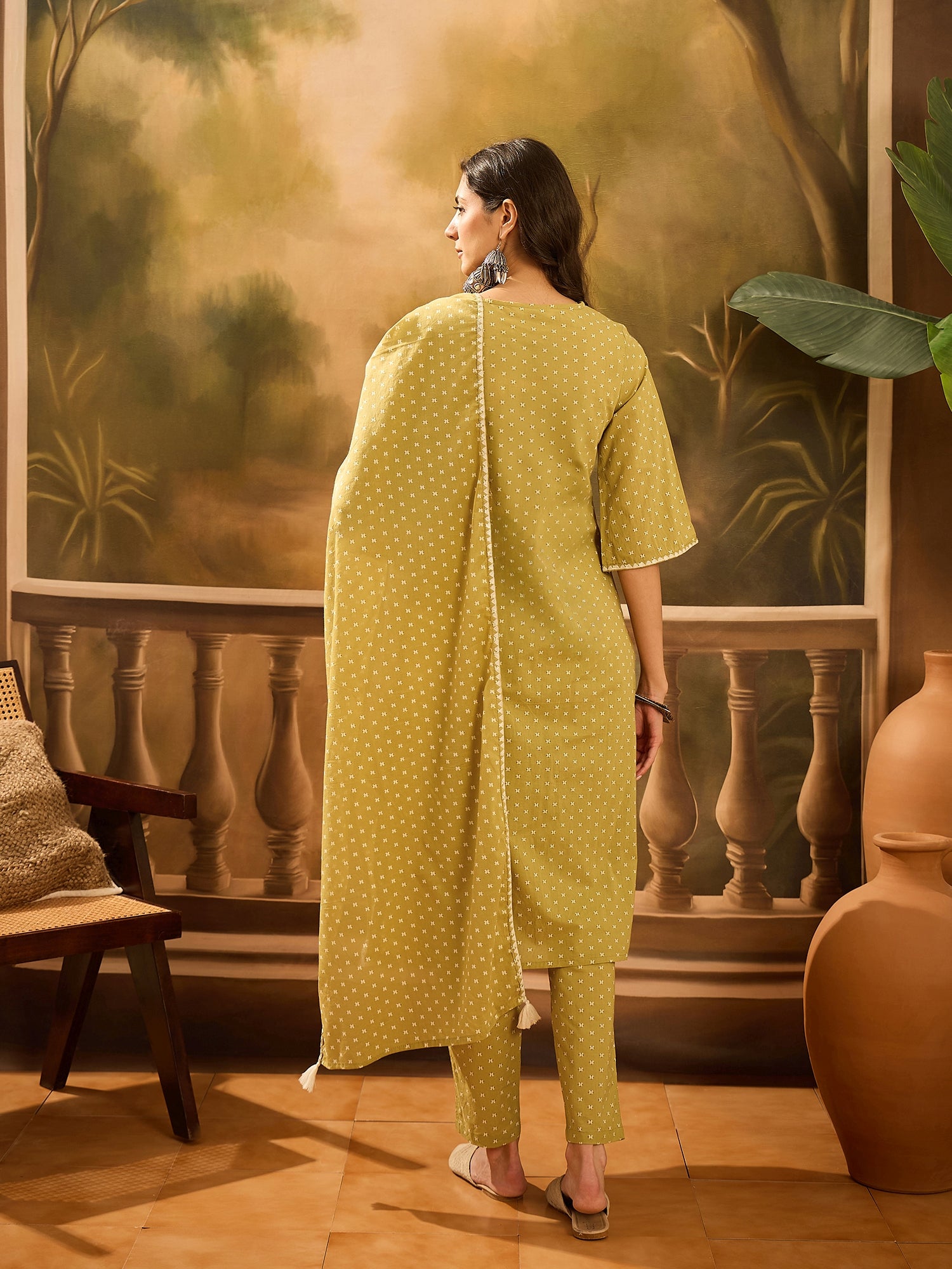 Lime Green Pure Cotton V-Neck Kurta Set For Women