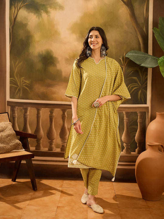 Lime Green Pure Cotton V-Neck Kurta Set For Women