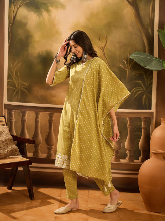 Lime Green Pure Cotton V-Neck Kurta Set For Women
