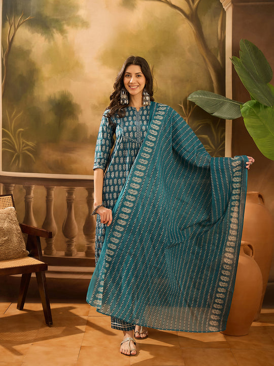Teal Pure Cotton Round Neck Kurta Set For Women