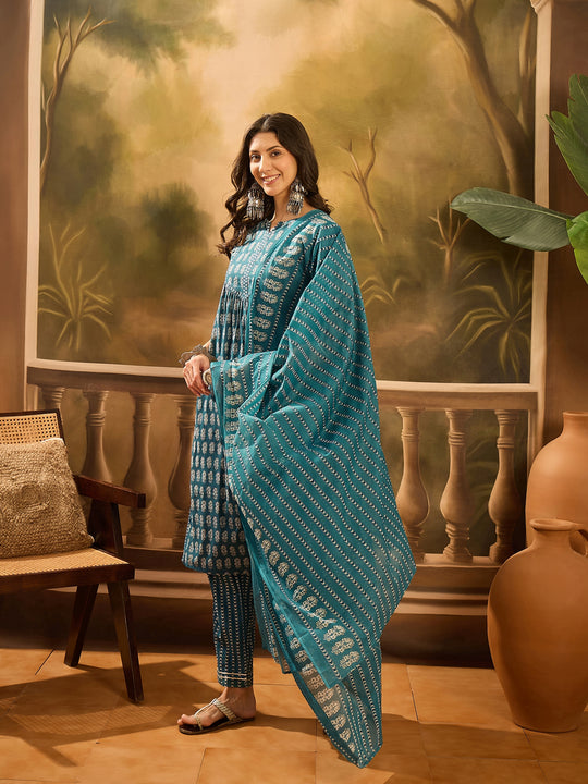 Teal Pure Cotton Round Neck Kurta Set For Women