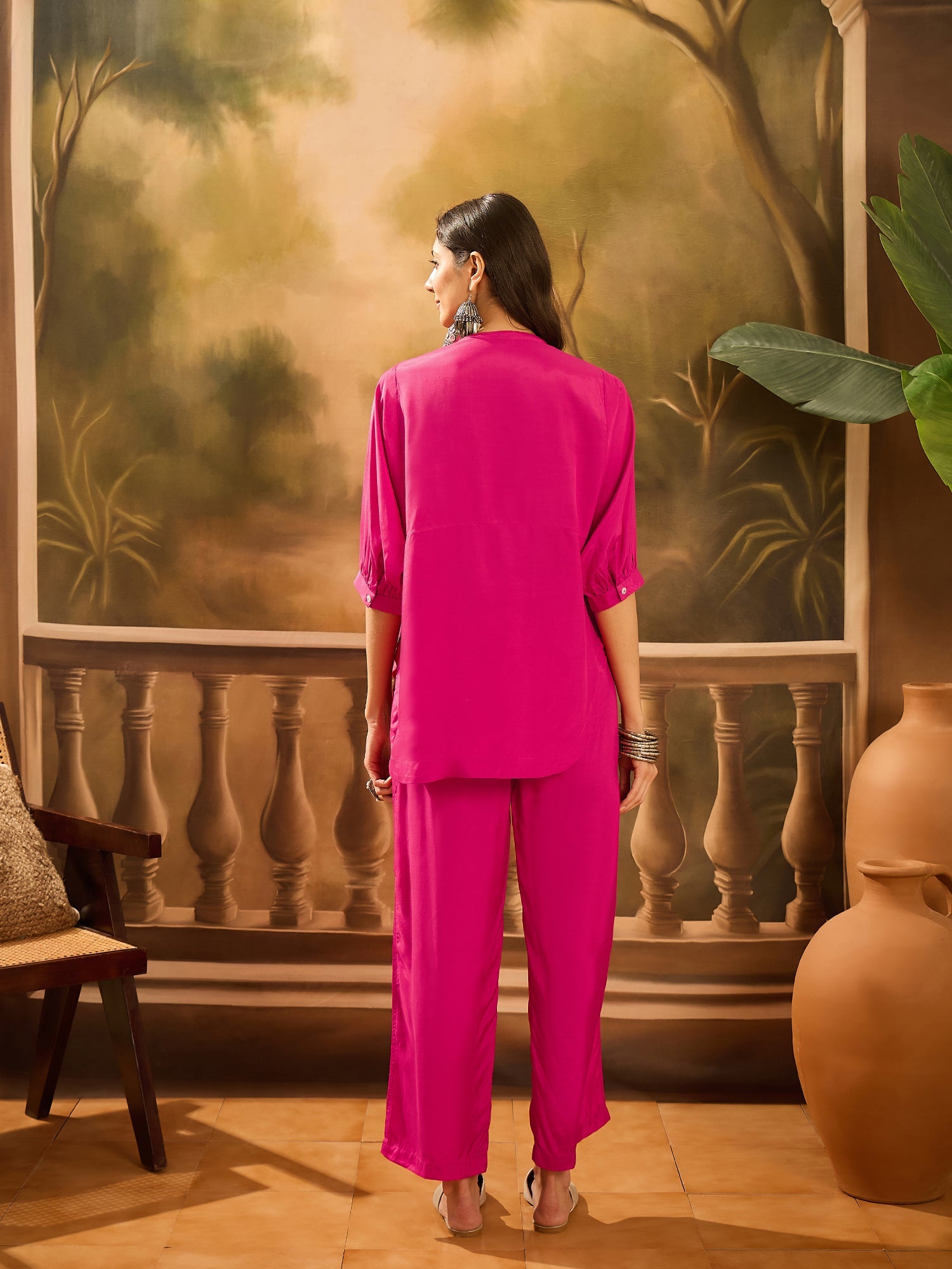 Pink V-Neck Dyed Co-Ords Set For Women