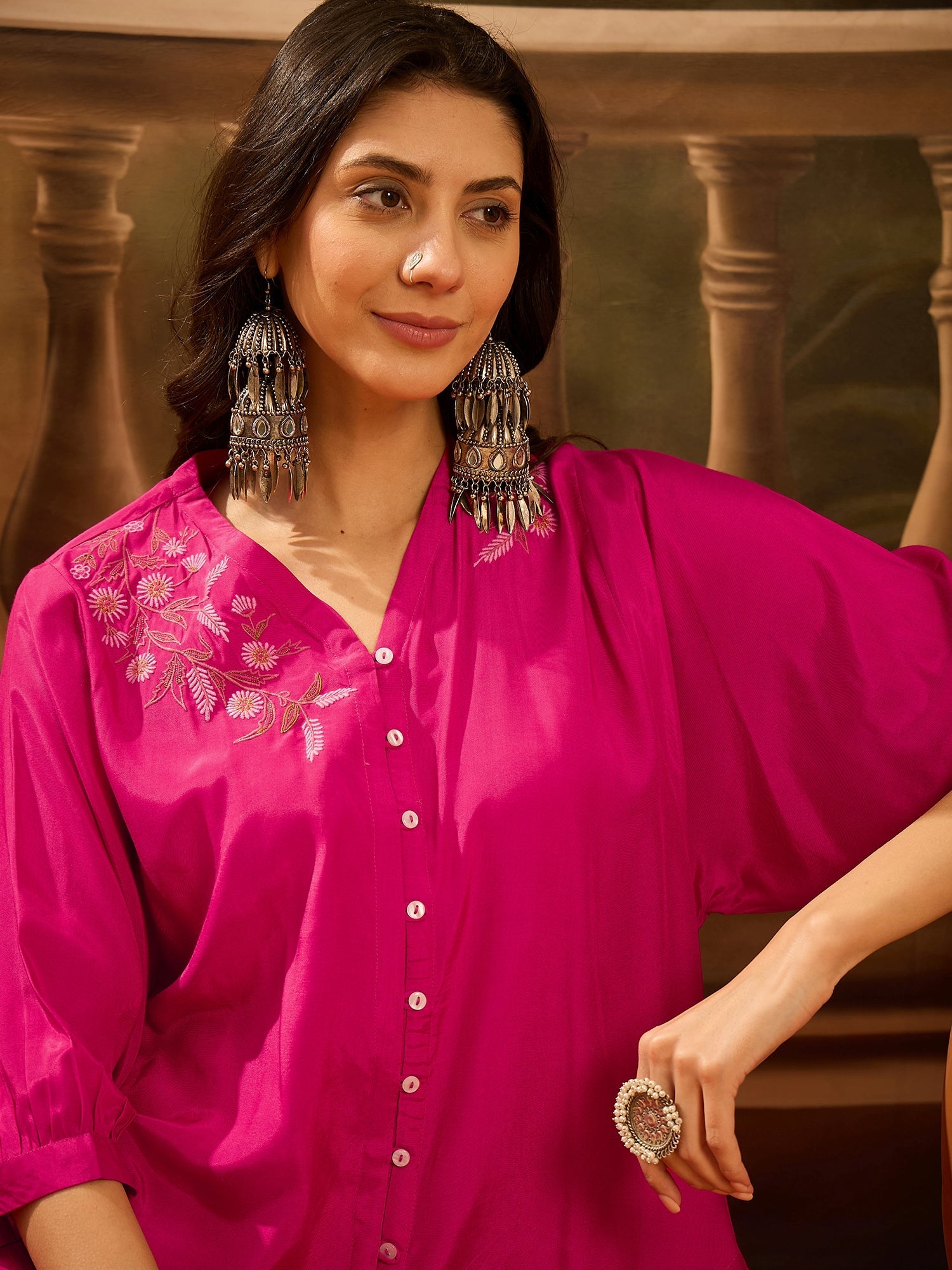 Pink V-Neck Dyed Co-Ords Set For Women