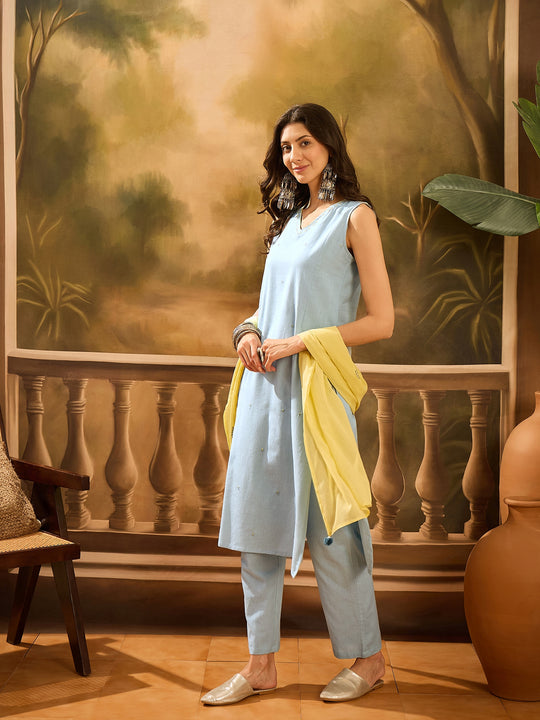 Blue Pure Cotton V-Neck Kurta Set For Women