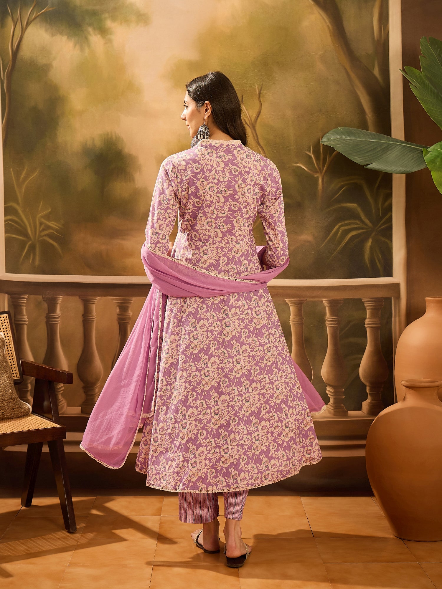 Lavender Pure Cotton V-Neck Kurta Set For Women