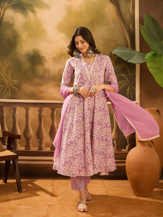 Lavender Pure Cotton V-Neck Kurta Set For Women