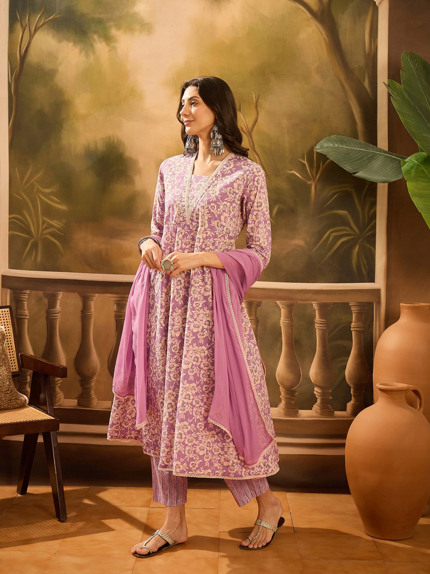 Lavender Pure Cotton V-Neck Kurta Set For Women