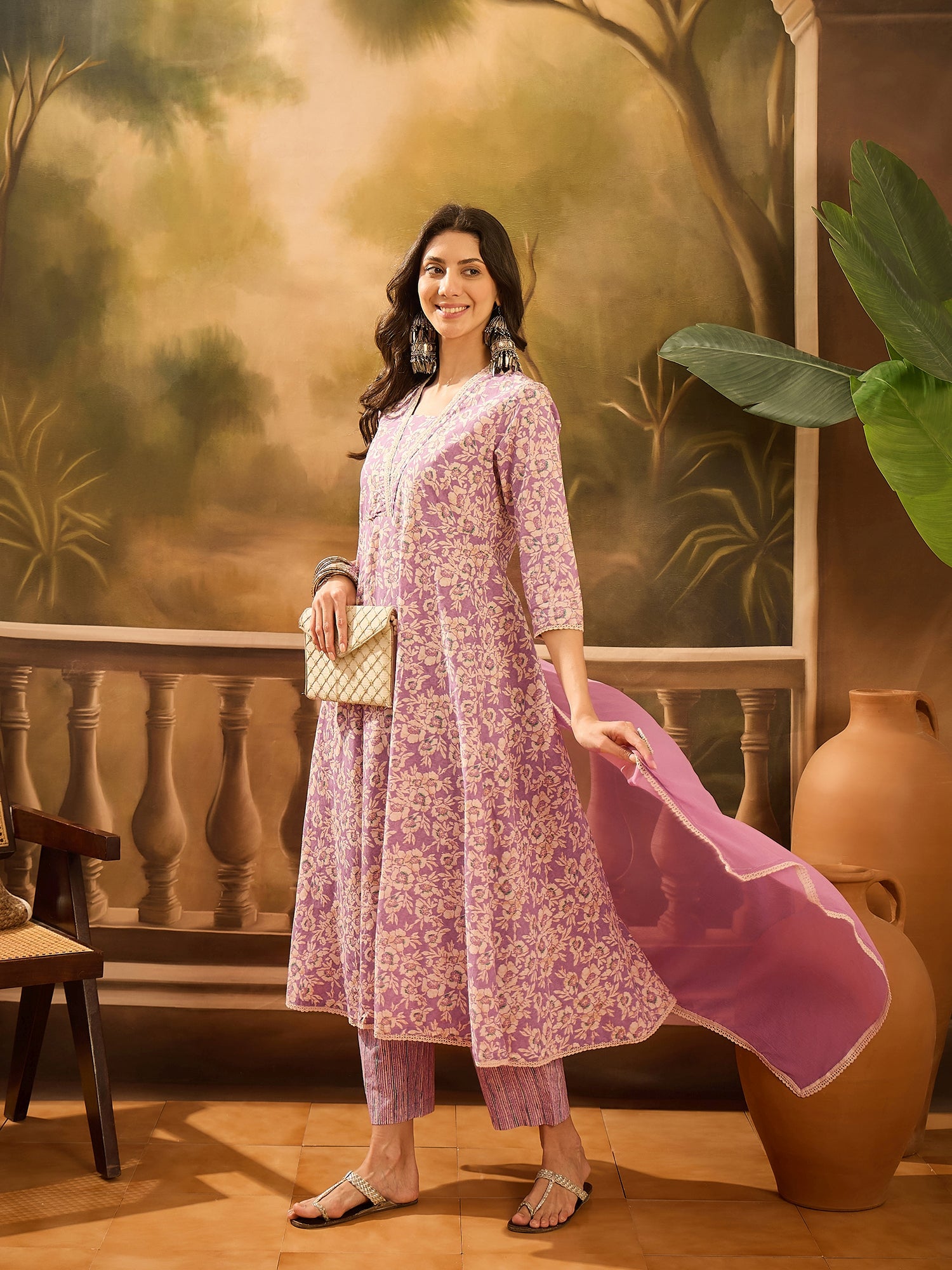 Lavender Pure Cotton V-Neck Kurta Set For Women