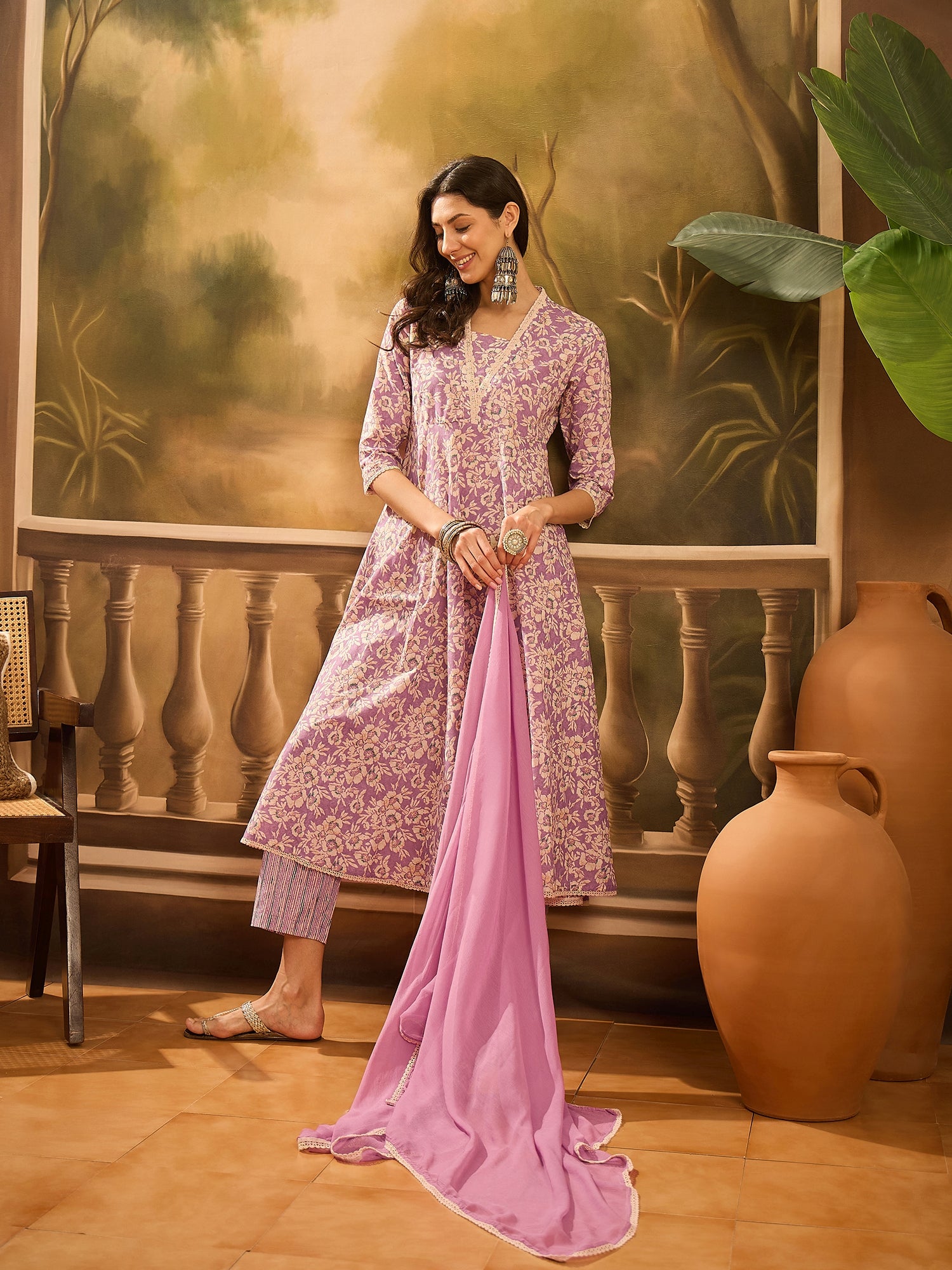 Lavender Pure Cotton V-Neck Kurta Set For Women