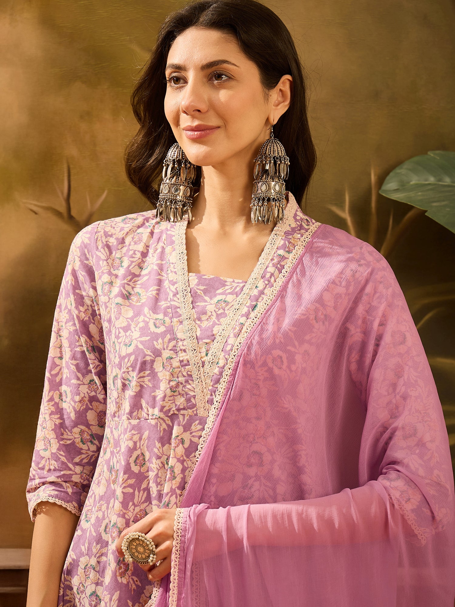 Lavender Pure Cotton V-Neck Kurta Set For Women