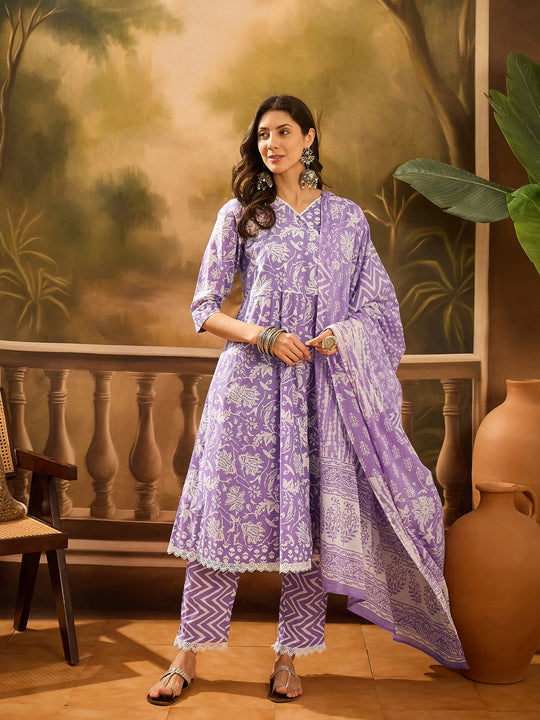 Purple Pure Cotton V-Neck Kurta Set For Women