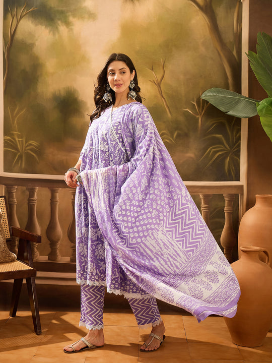 Purple Pure Cotton V-Neck Kurta Set For Women