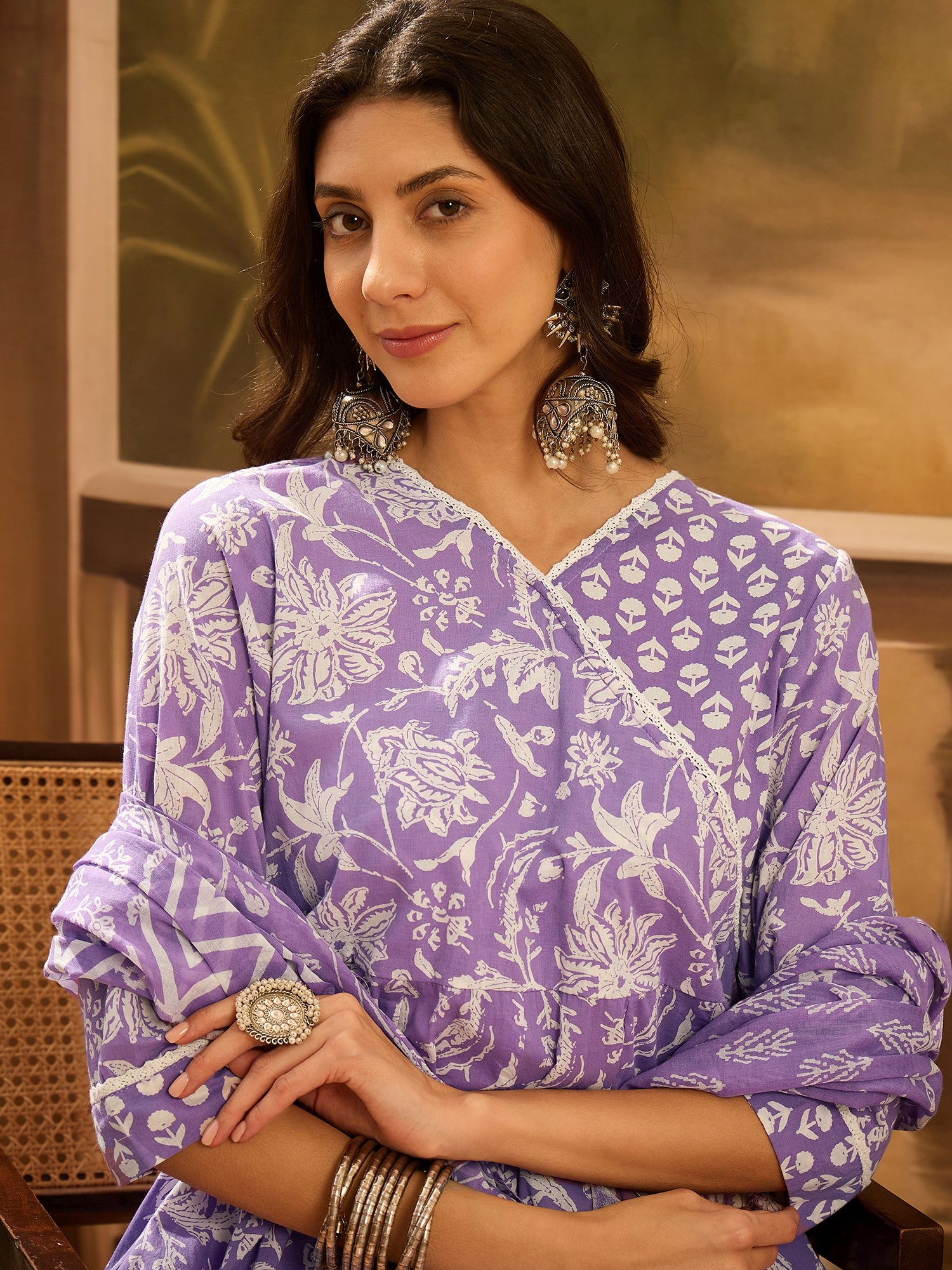 Purple Pure Cotton V-Neck Kurta Set For Women