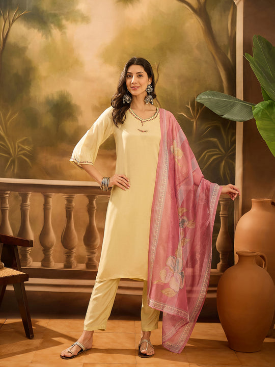 Lime Green Muslin V-Neck Kurta Set For Women