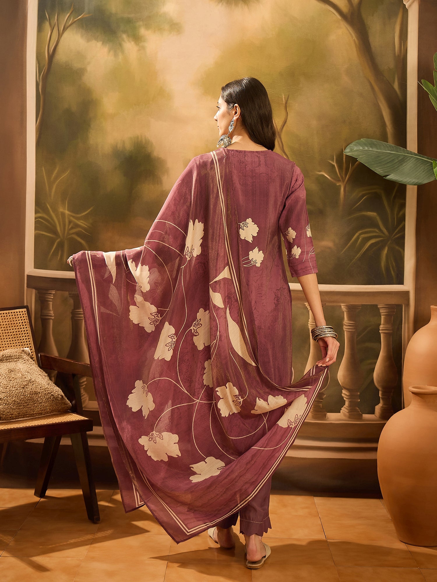 Burgundy Color Floral Printed Round Neck Kurta Set