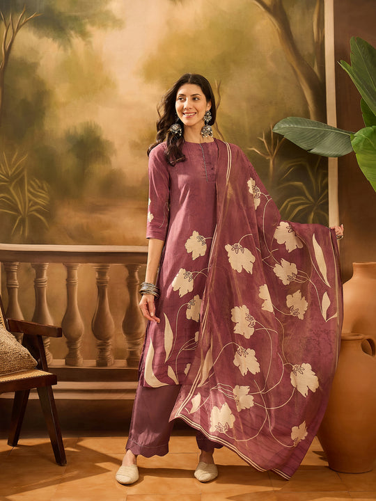 Burgundy Color Floral Printed Round Neck Kurta Set