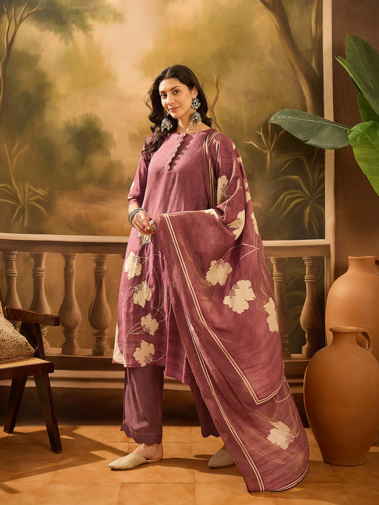 Burgundy Color Floral Printed Round Neck Kurta Set