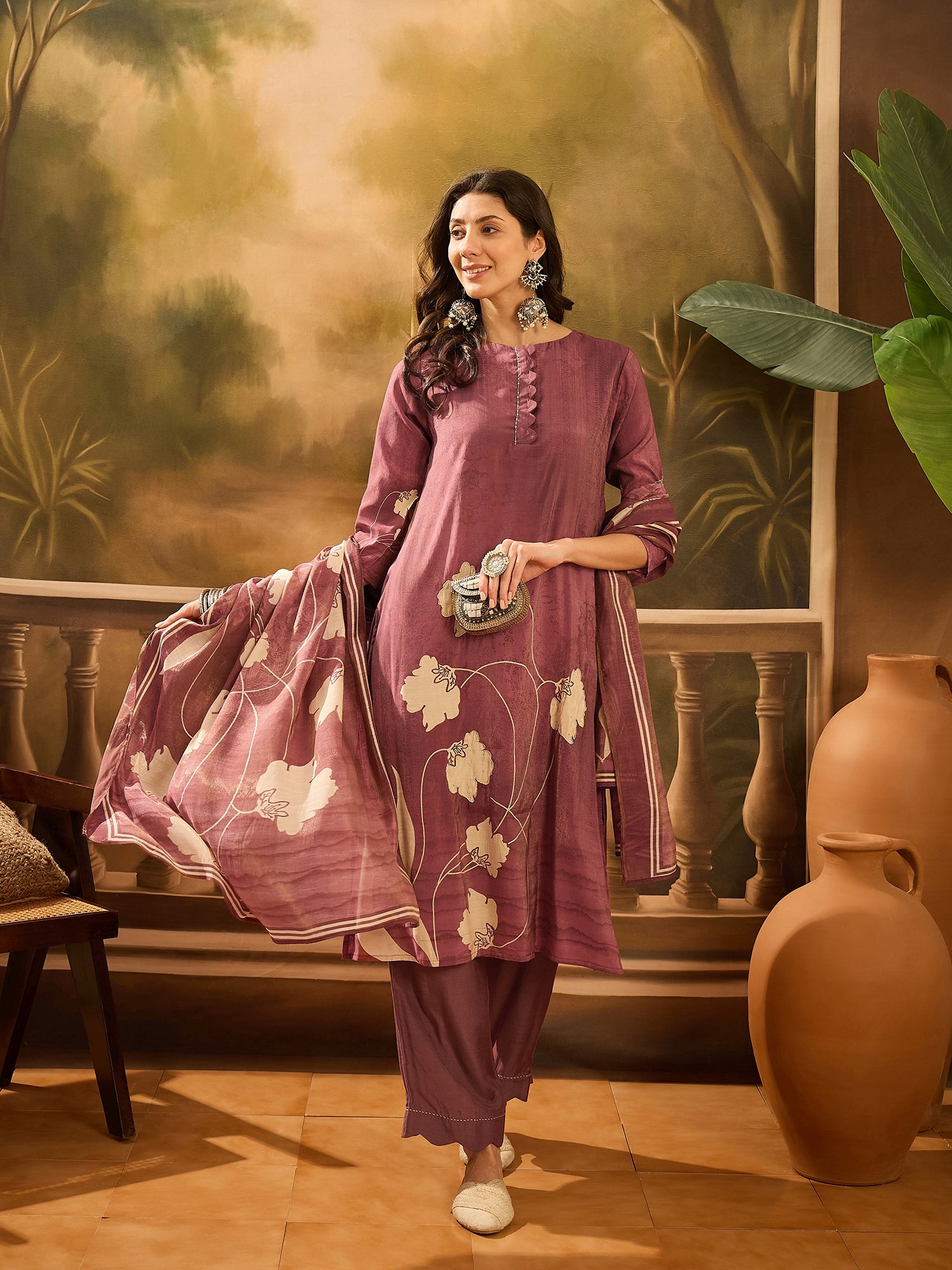 Burgundy Color Floral Printed Round Neck Kurta Set