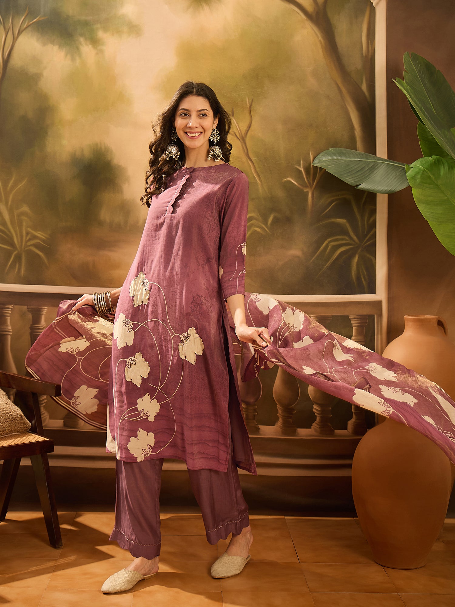 Burgundy Color Floral Printed Round Neck Kurta Set