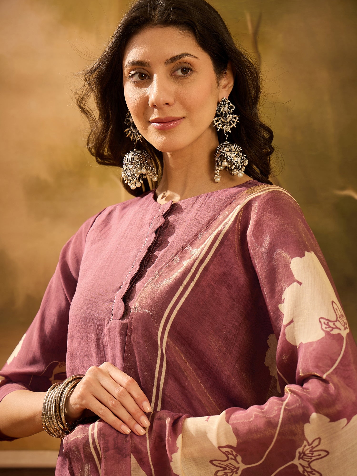 Burgundy Color Floral Printed Round Neck Kurta Set
