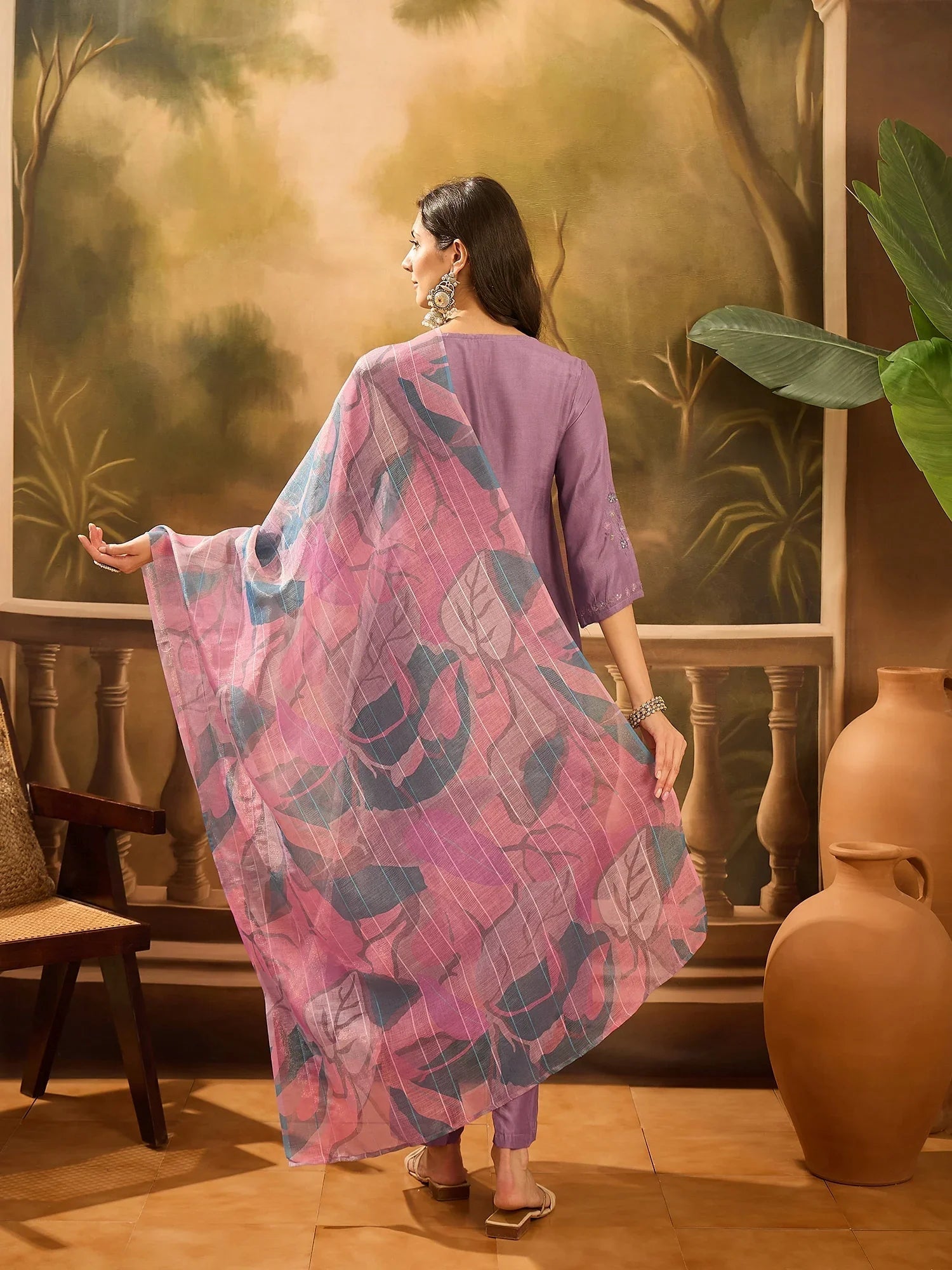 Purple Solid Print Muslin V-Neck Kurta set for women - SanskrutiHomes 