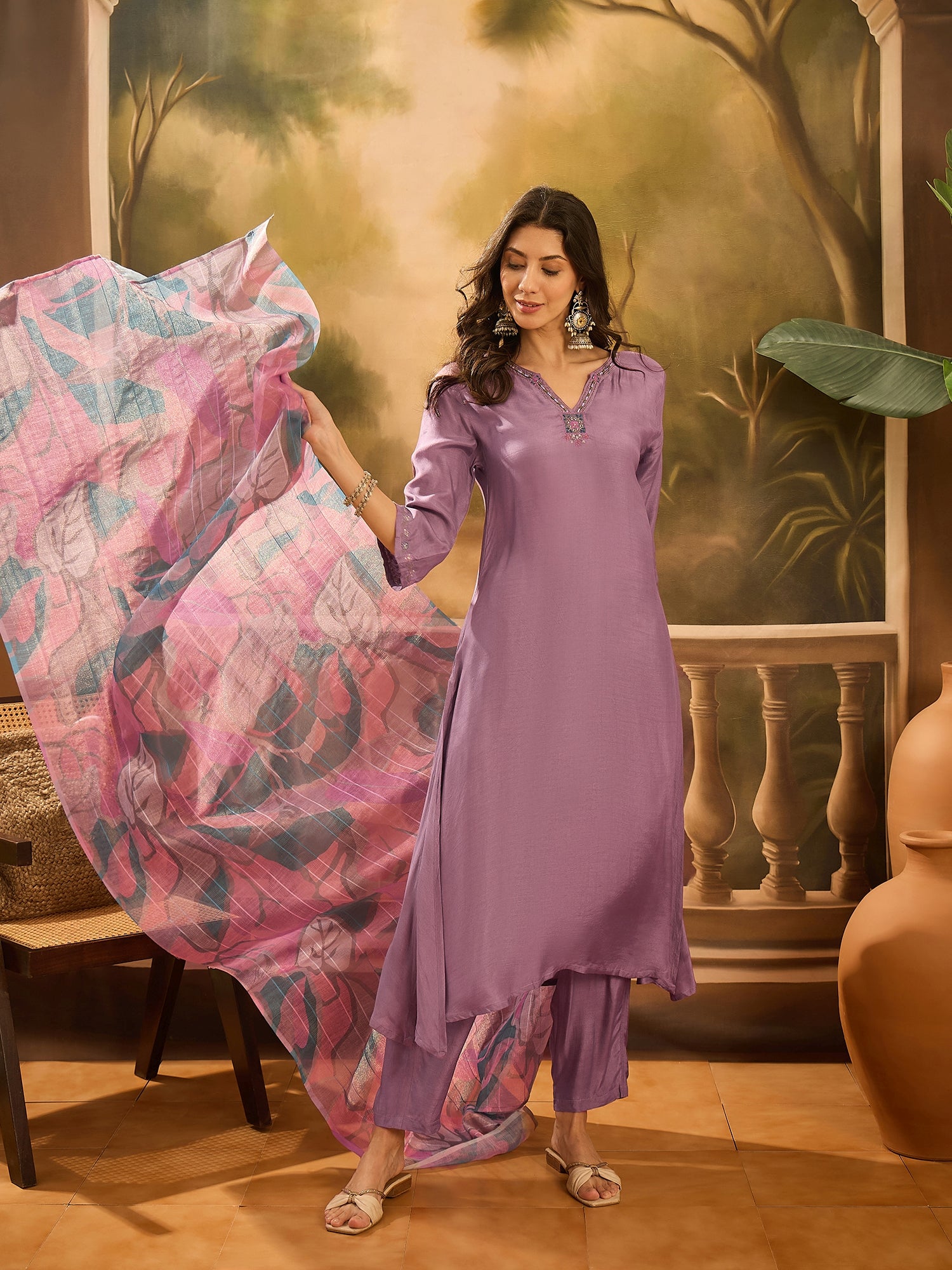Purple Solid Print Muslin V-Neck Kurta set for women