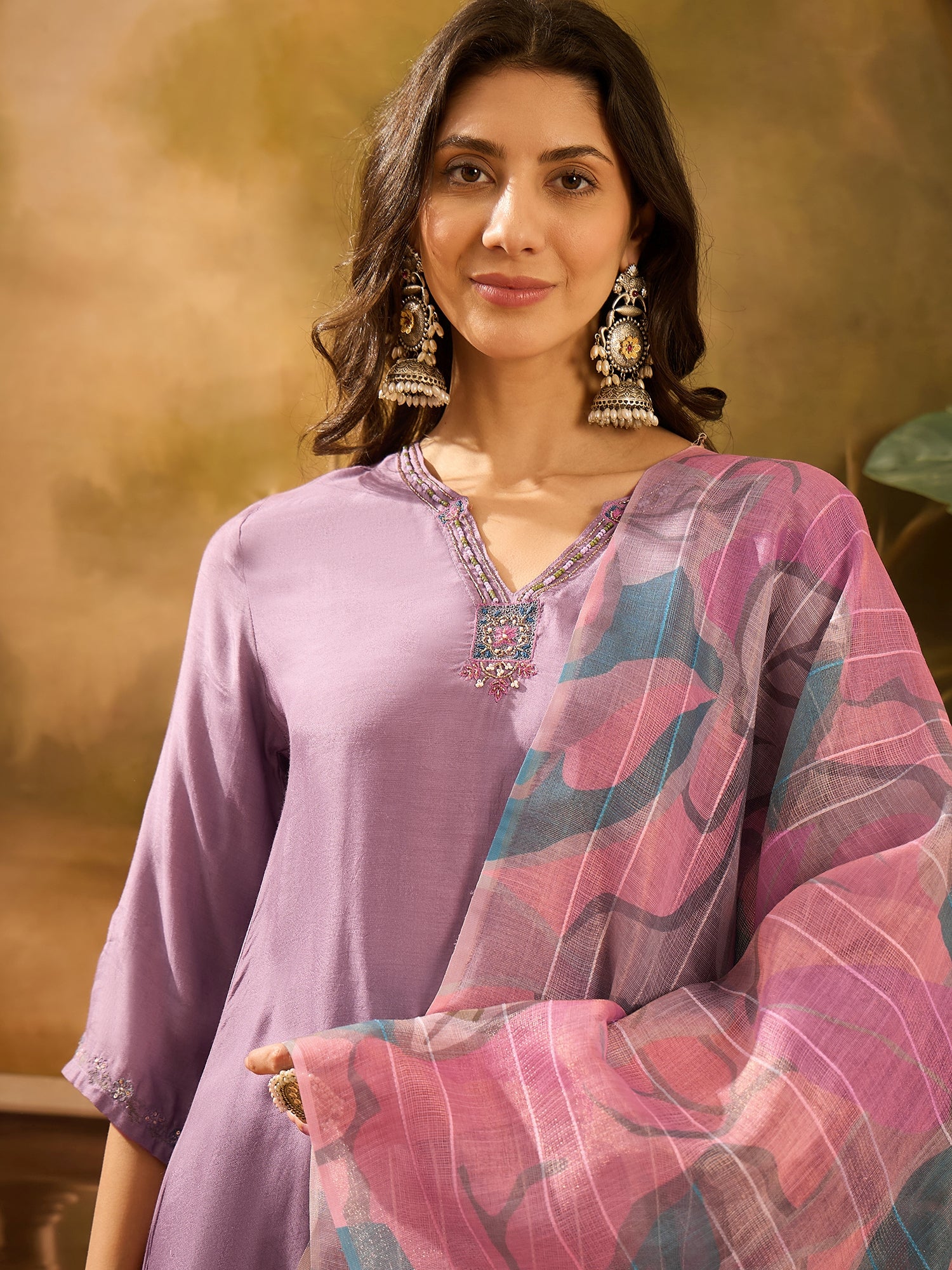 Purple Solid Print Muslin V-Neck Kurta set for women