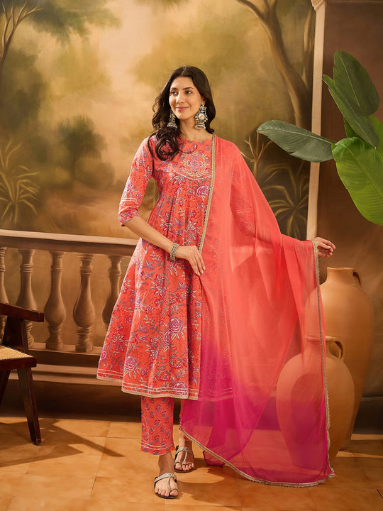 Orange Pure Cotton Round Neck Kurta Set For Women