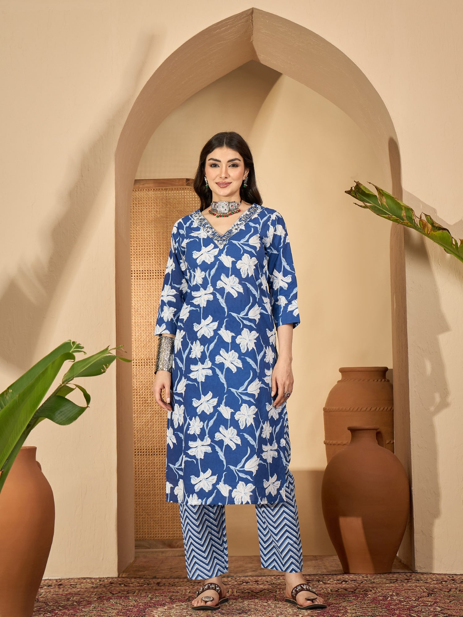 Blue Printed Round Neck Pure Cotton Kurta Set For Women
