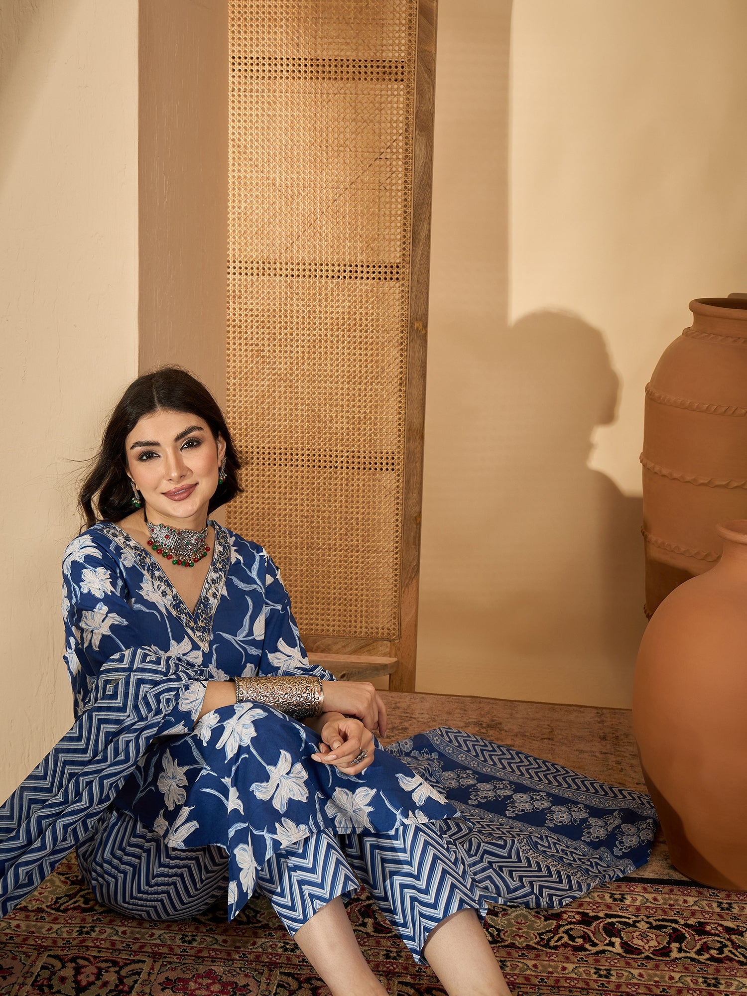 Blue Printed Round Neck Pure Cotton Kurta Set For Women