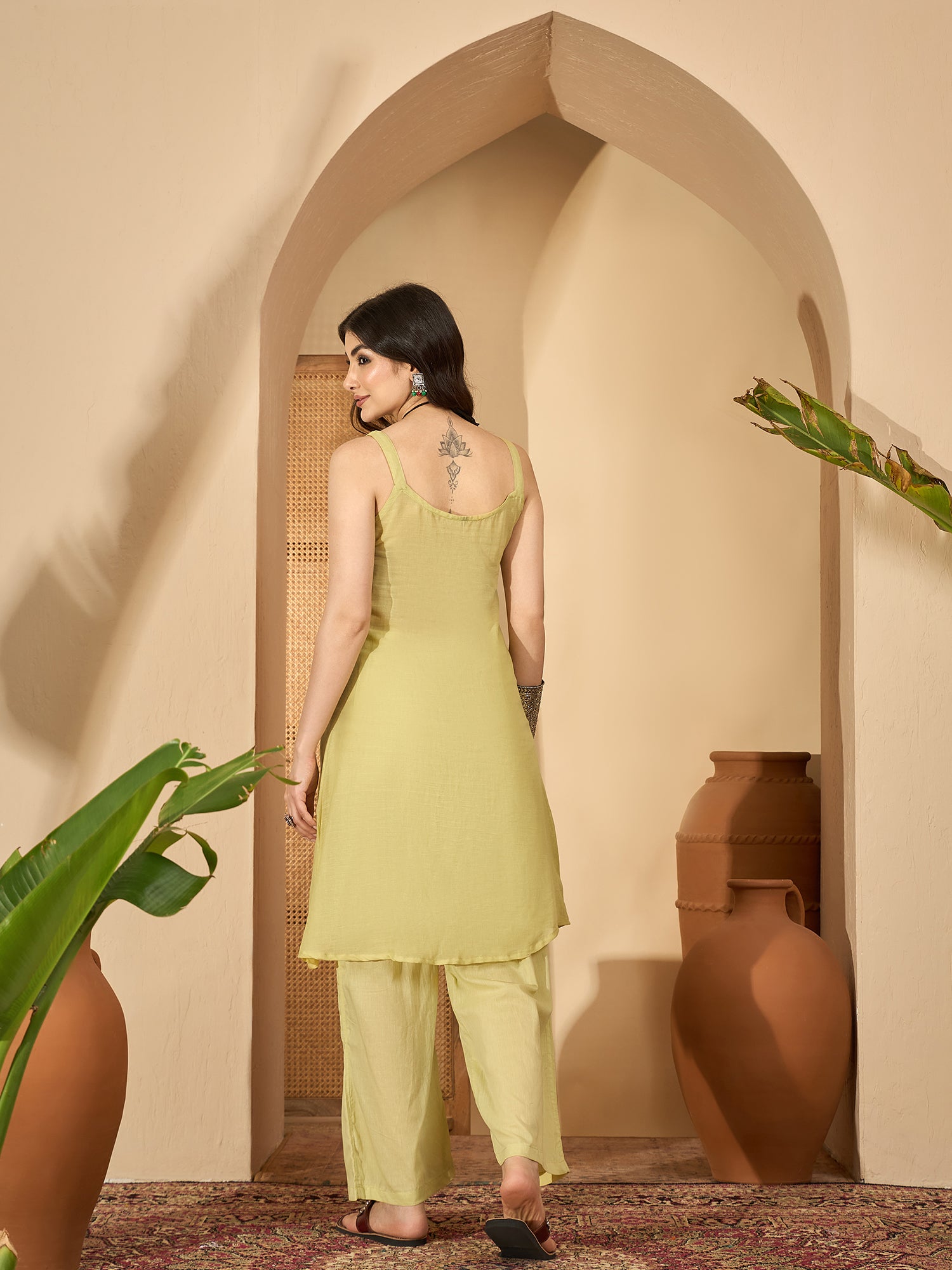 Lime Green V-Neck Pure Cotton Co-Ords Set For Women