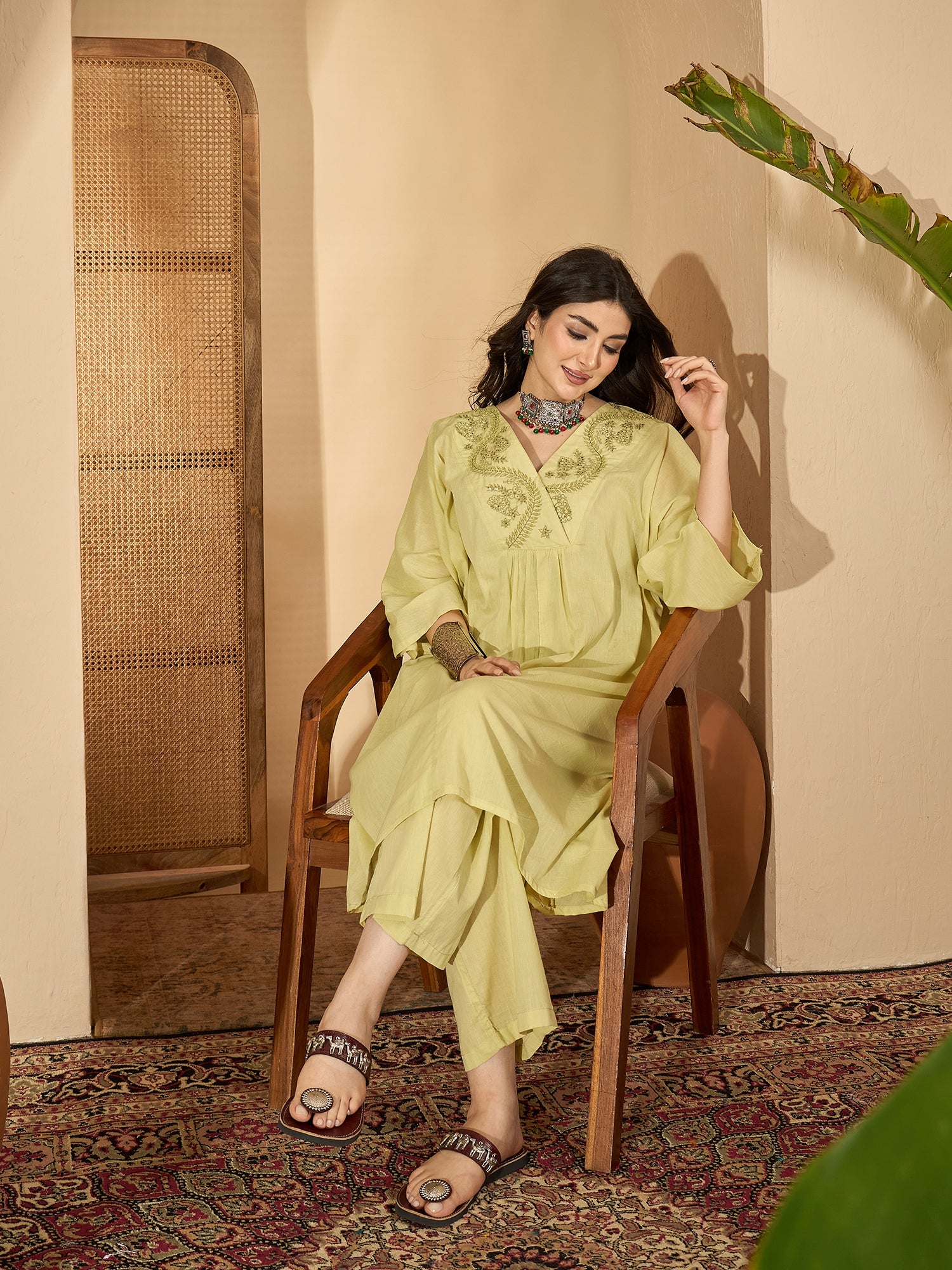 Lime Green V-Neck Pure Cotton Co-Ords Set For Women