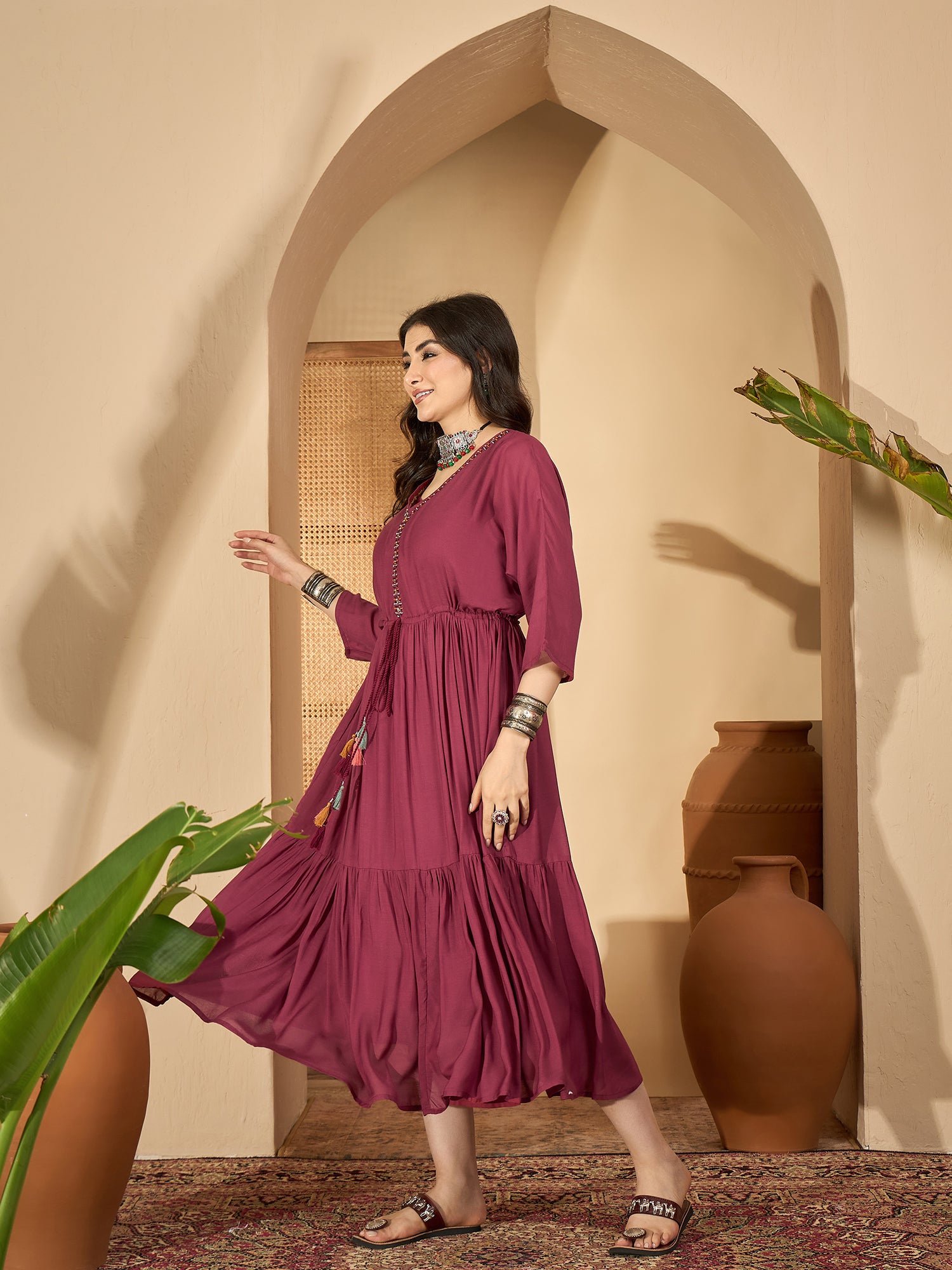 Maroon V-Neck Solid Dress with Inner