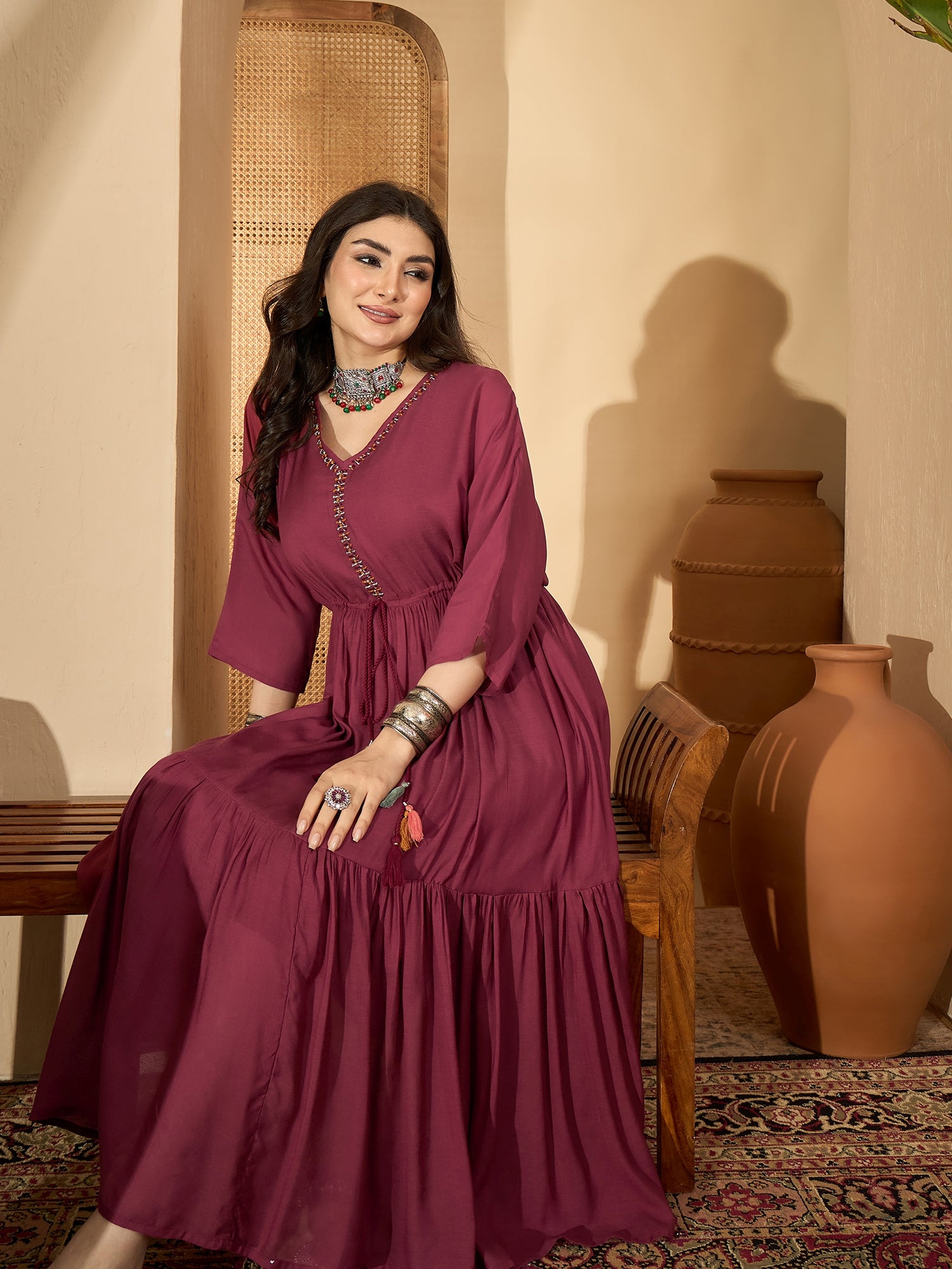 Maroon V-Neck Solid Dress with Inner