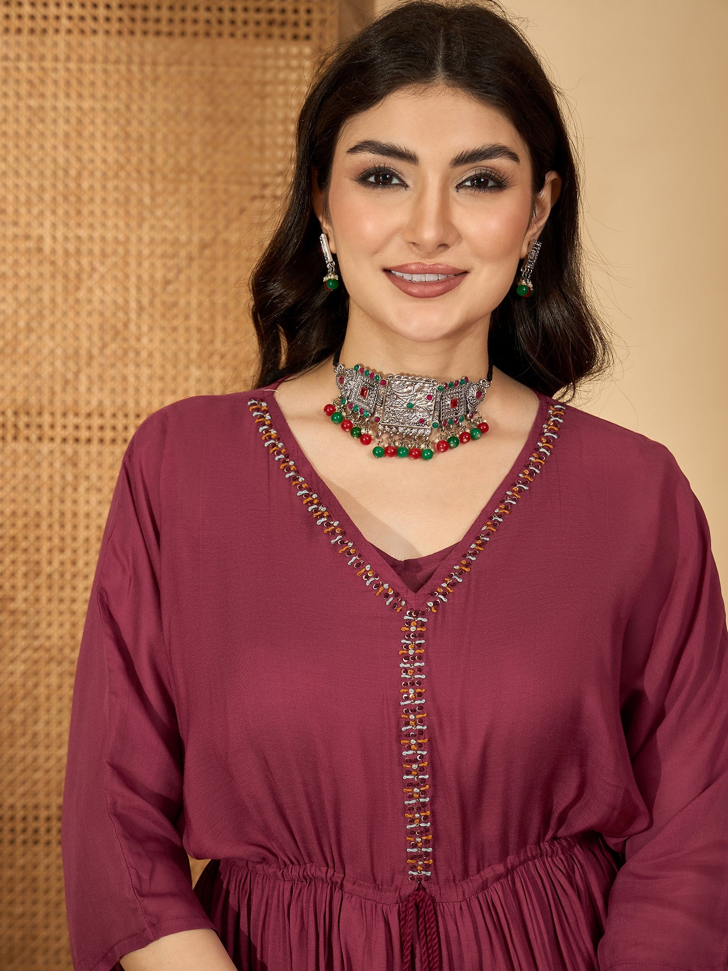 Maroon V-Neck Solid Dress with Inner