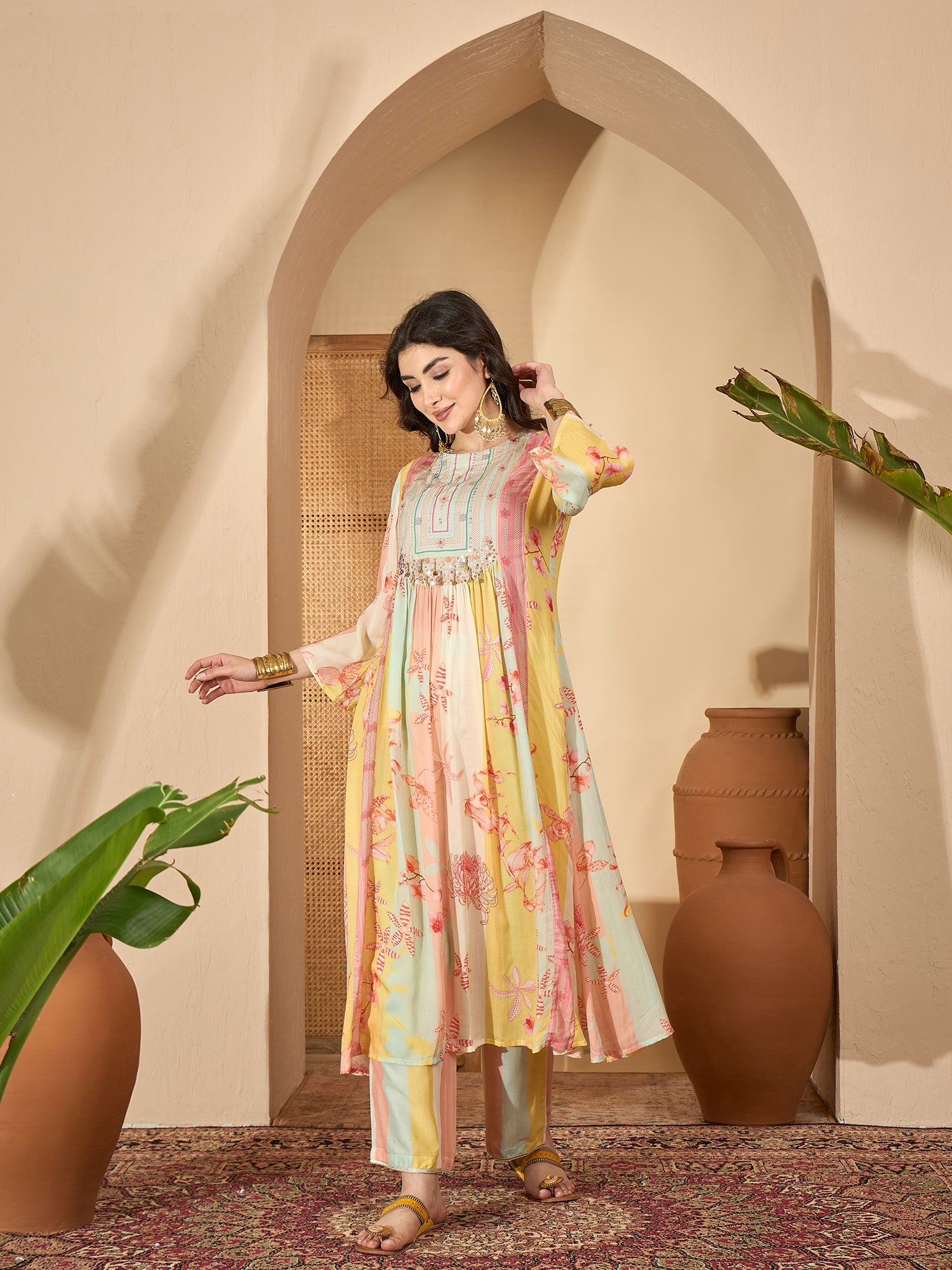 Multicolor Printed Round Neck Pure Cotton Kurta Set For Women