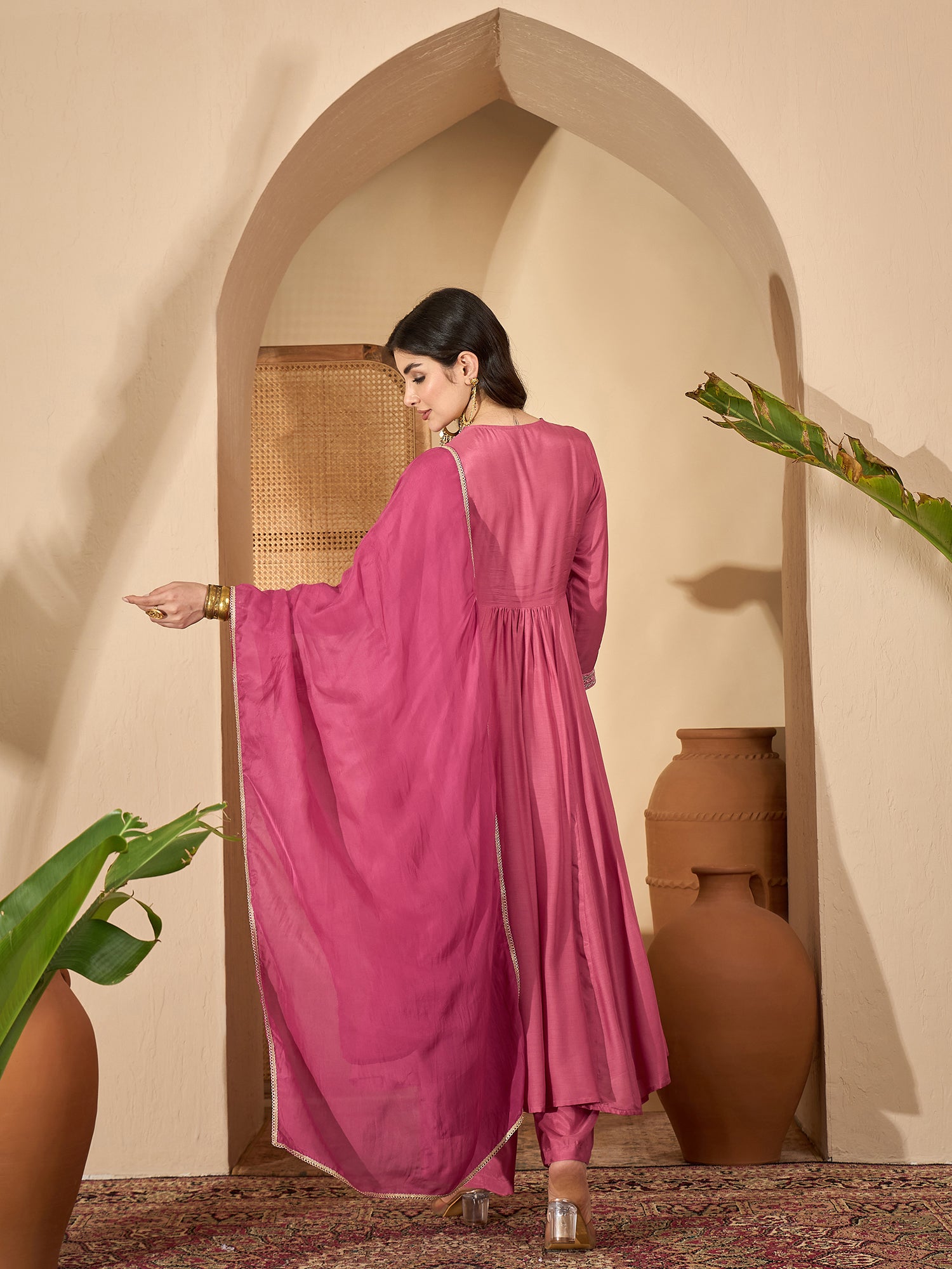 Pink Printed V-Neck Art Silk Kurta Set For Women