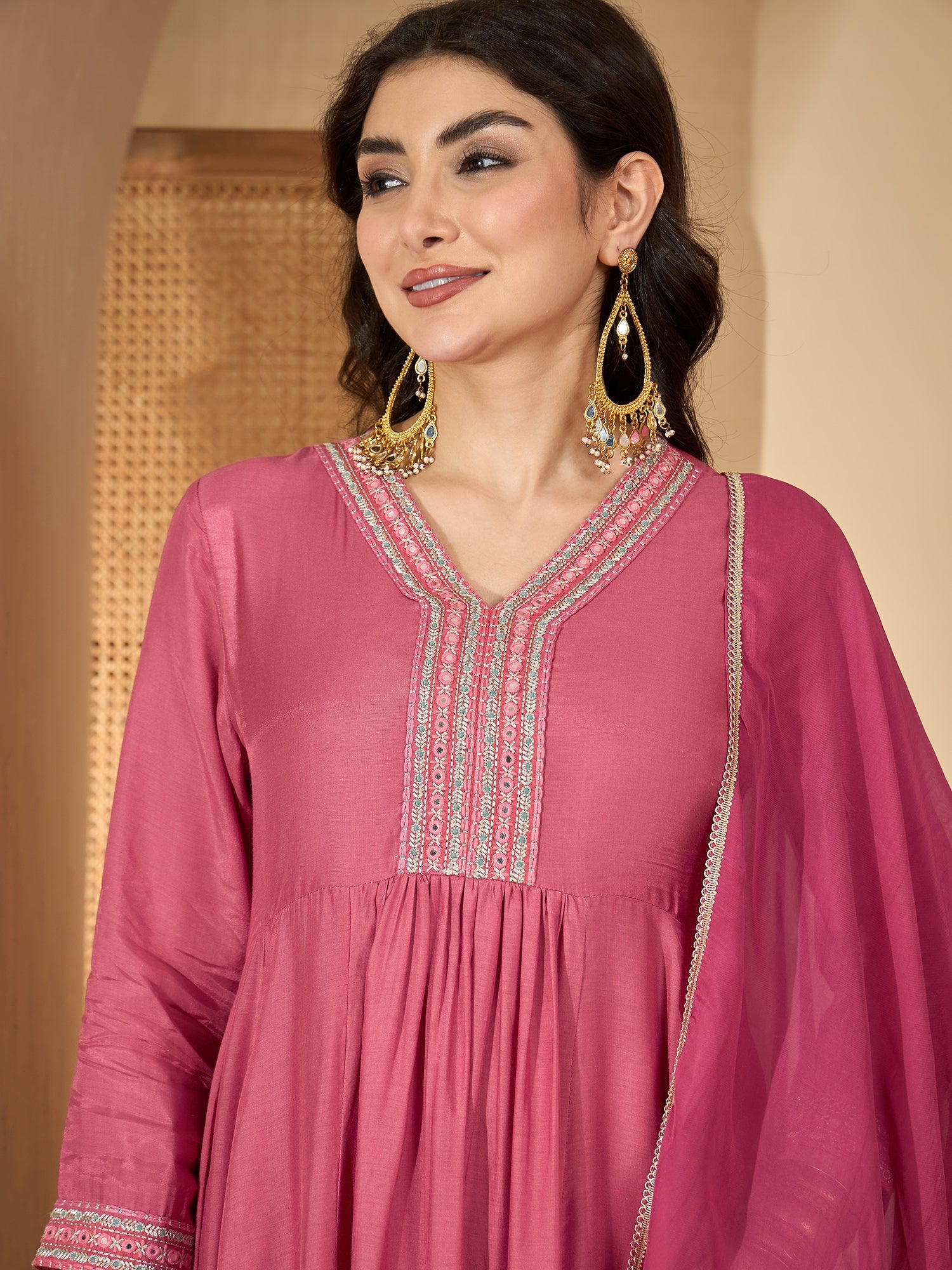 Pink Printed V-Neck Art Silk Kurta Set For Women