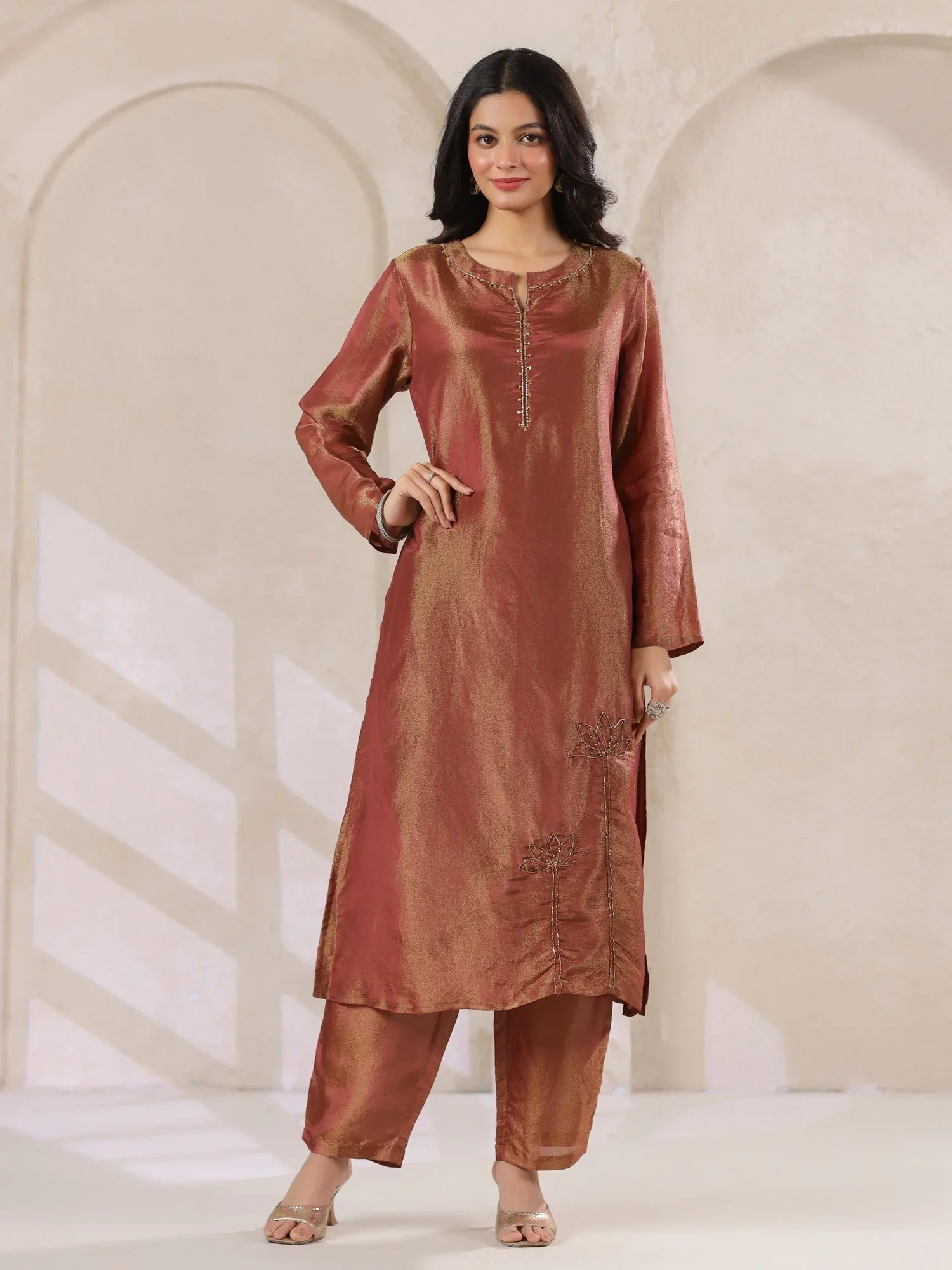 Maroon Tissue Kurta With Straight Pants And Dupatta Set For Women