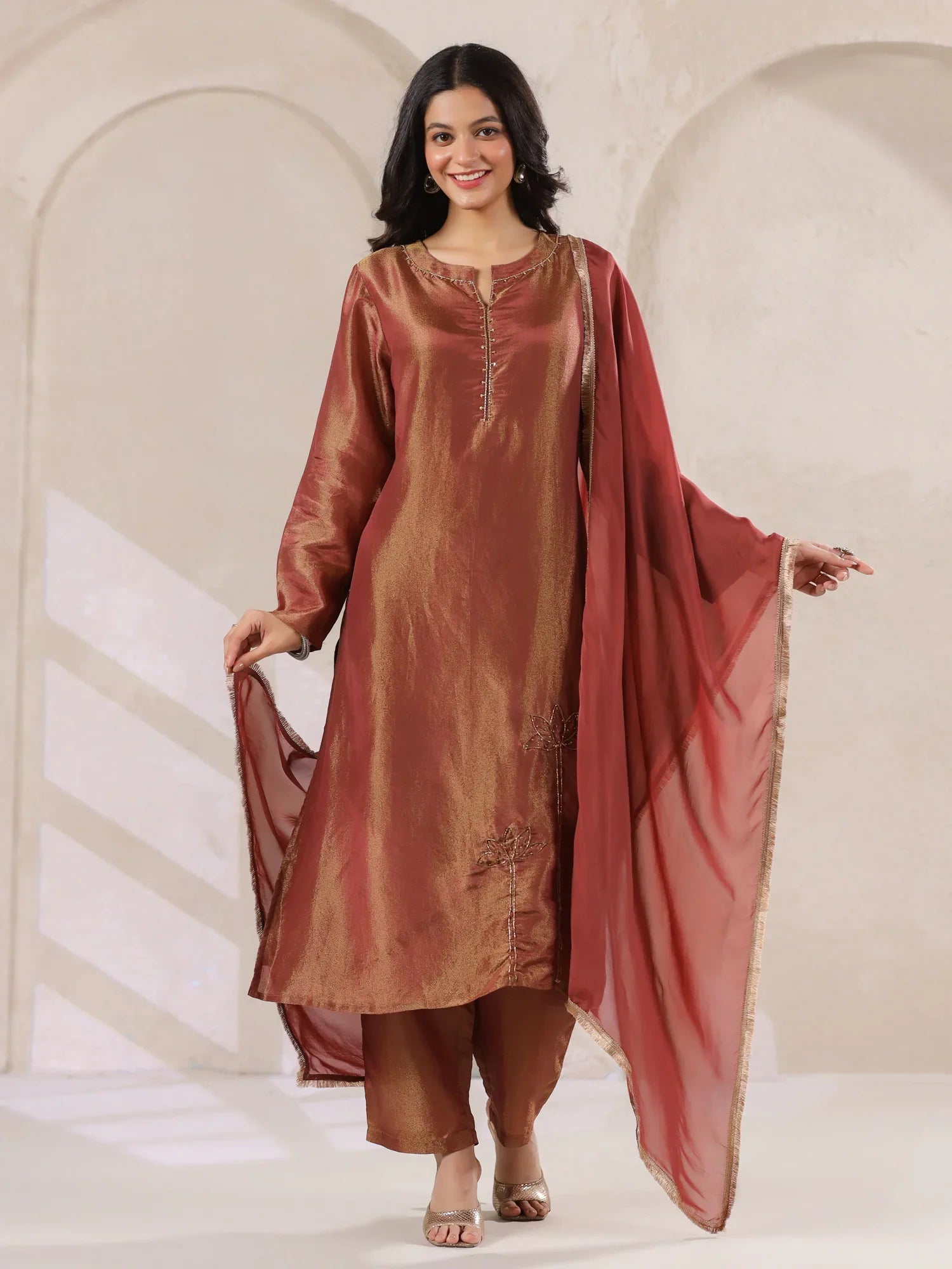 Maroon Tissue Kurta With Straight Pants And Dupatta Set For Women