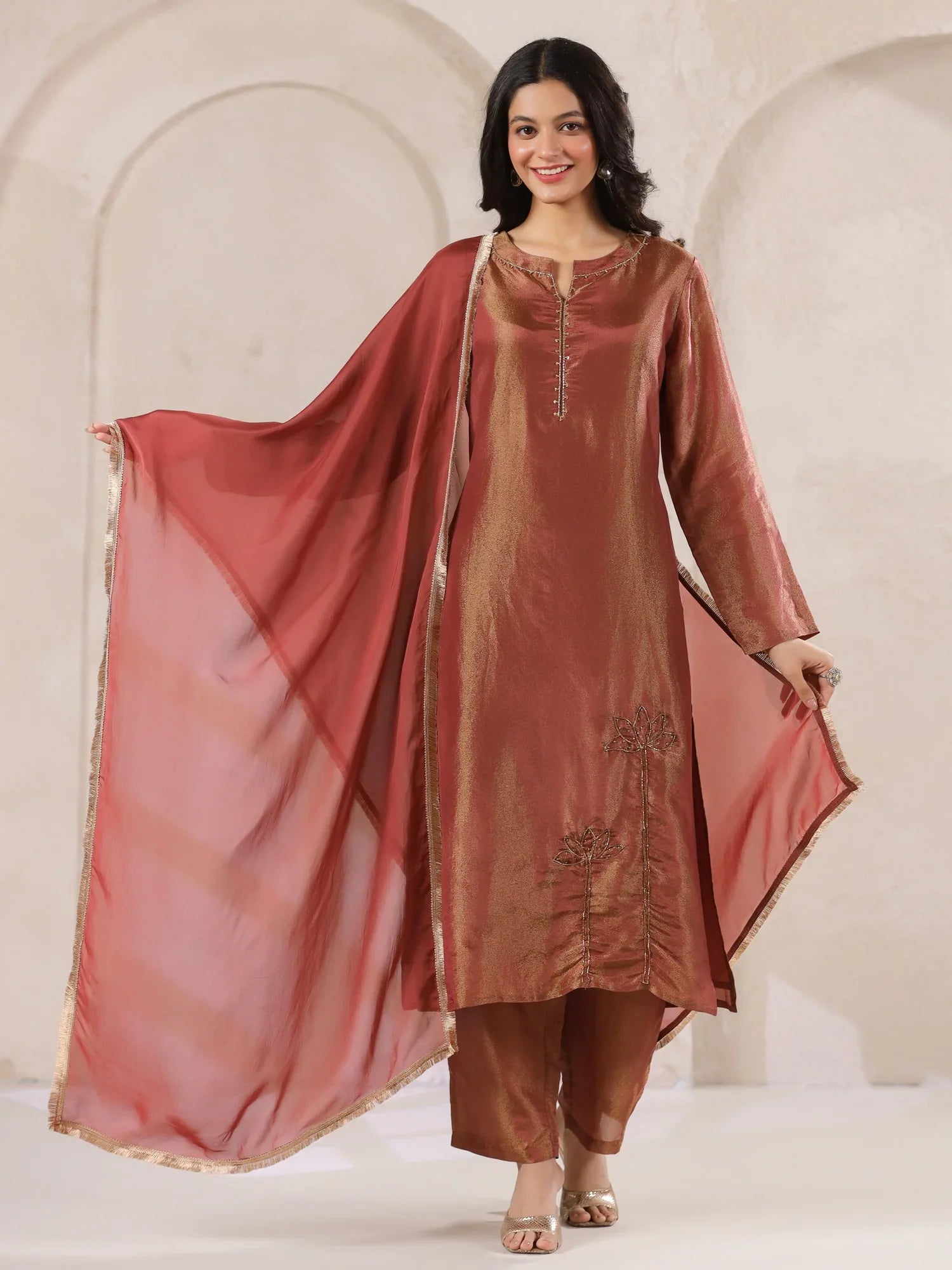 Maroon Tissue Kurta With Straight Pants And Dupatta Set For Women