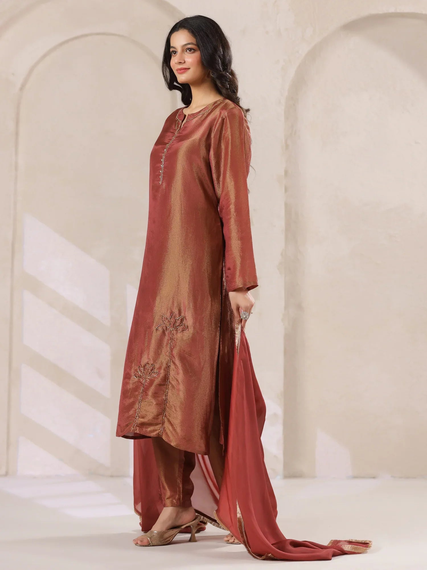 Maroon Tissue Kurta With Straight Pants And Dupatta Set For Women