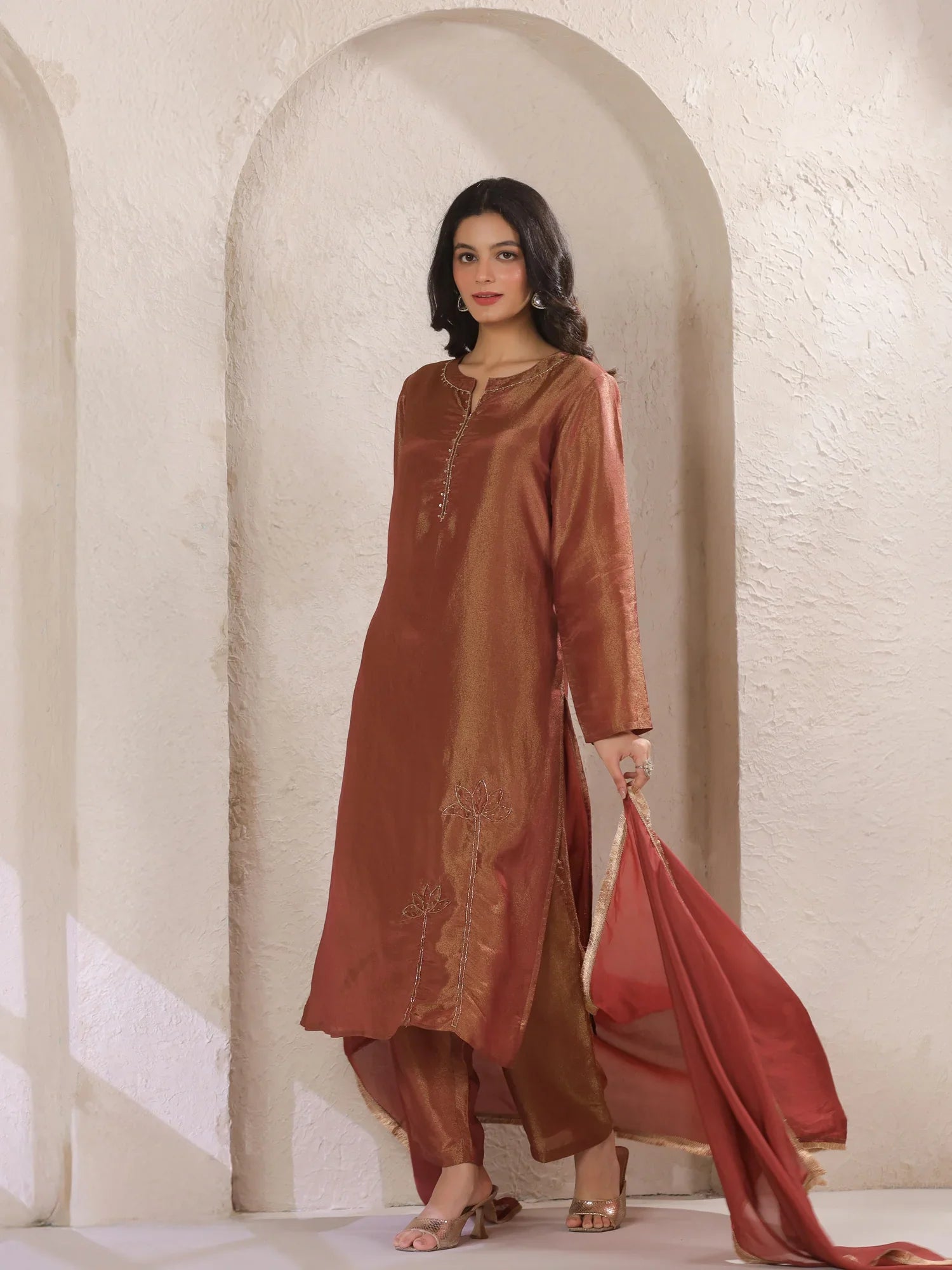 Maroon Tissue Kurta With Straight Pants And Dupatta Set For Women