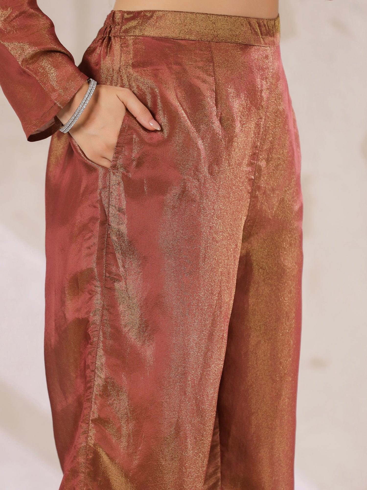 Maroon Tissue Kurta With Straight Pants And Dupatta Set For Women