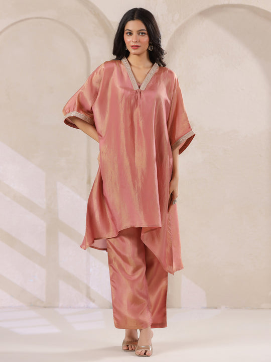 Rust Silk Blend Kaftan Co-ord Set with Embellished for Women