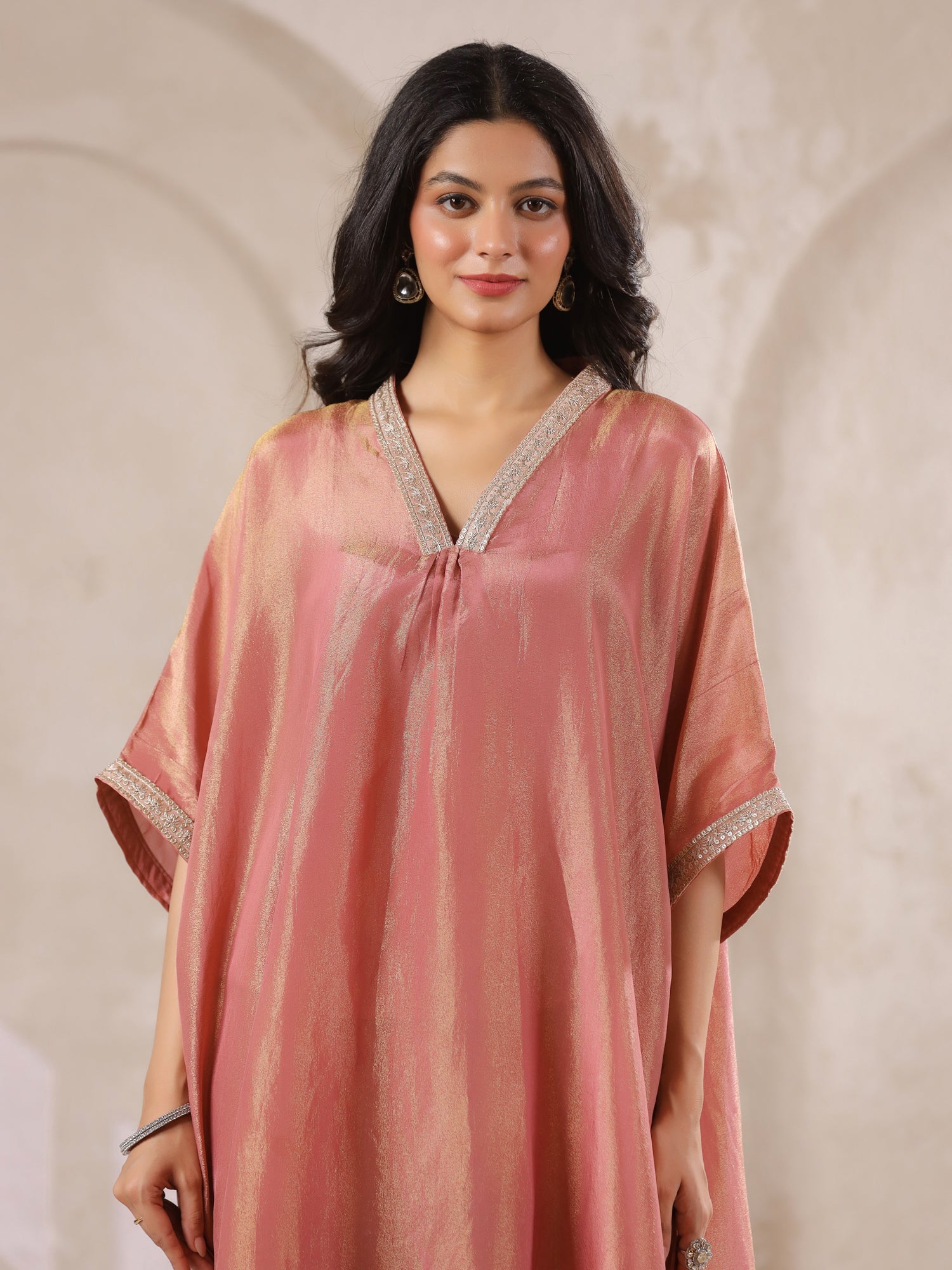 Rust Silk Blend Kaftan Co-ord Set with Embellished for Women