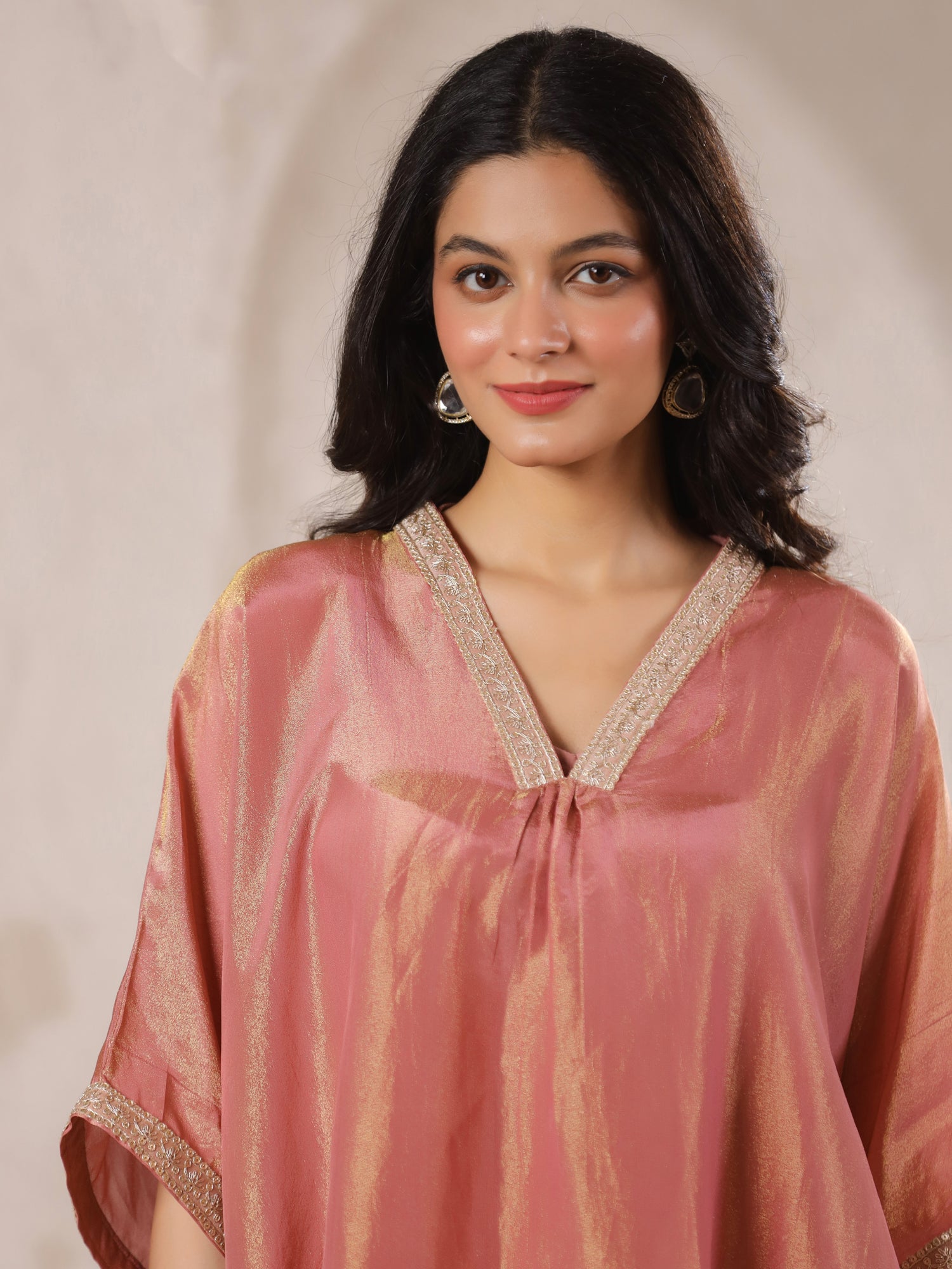 Rust Silk Blend Kaftan Co-ord Set with Embellished for Women