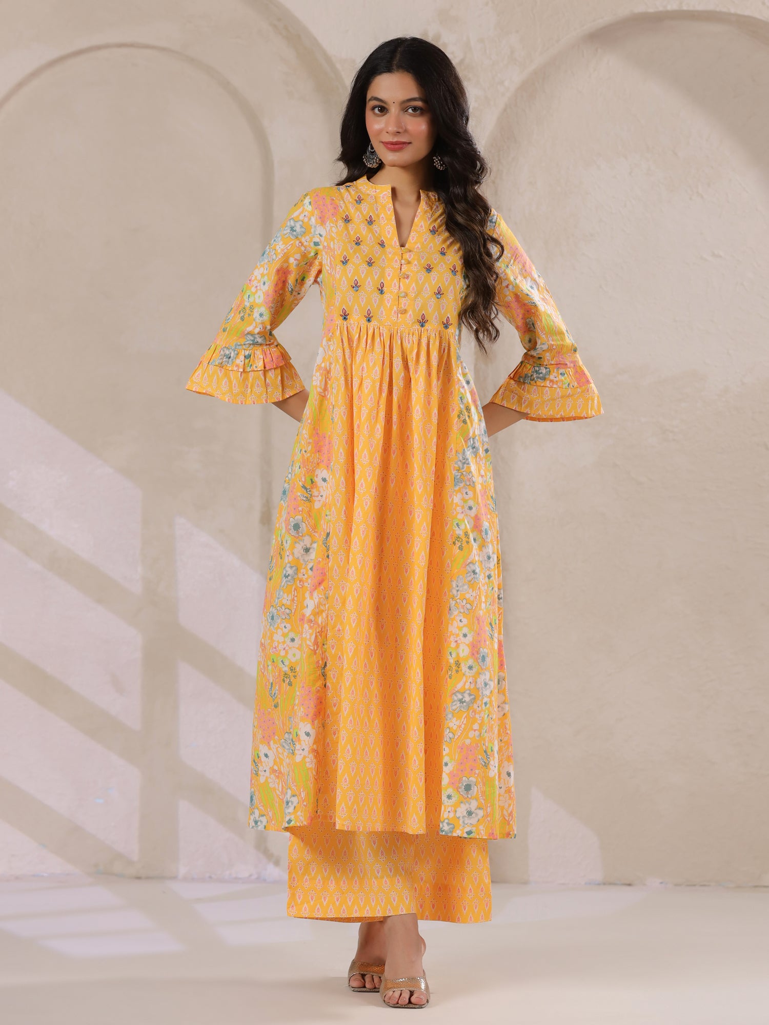 Yellow V-Neck Cotton Kurta with Floral Print and Palazzos for Women